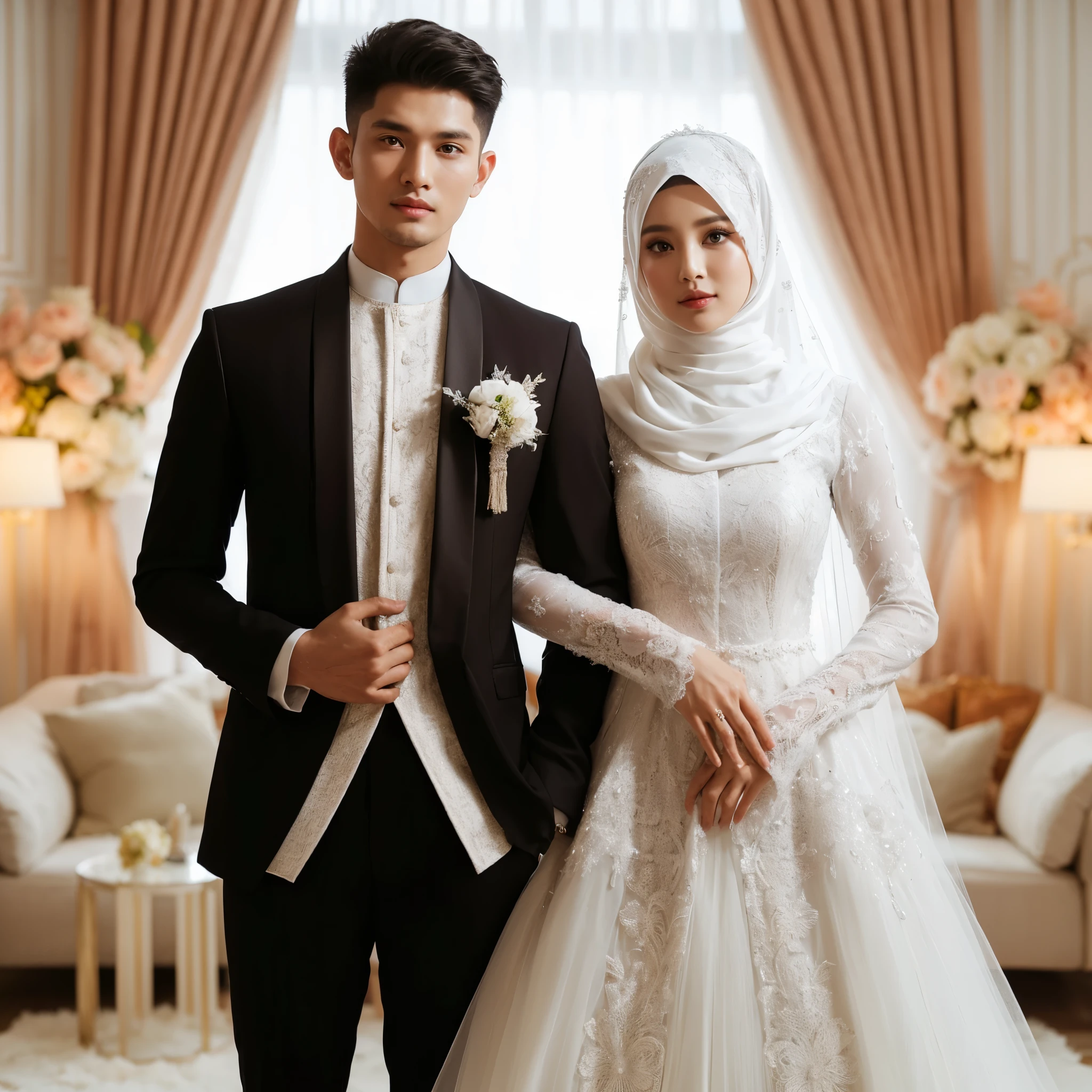 Indonesian wedding photo, the groom wears a black suit with a long white middle eastern koko shirt, and the bride wears a white dress with a hijab, wide shot, professional pose, luxurious wedding decoration background, looks very detailed, simple natural make up, white lighting from the front , the photos are incredibly good