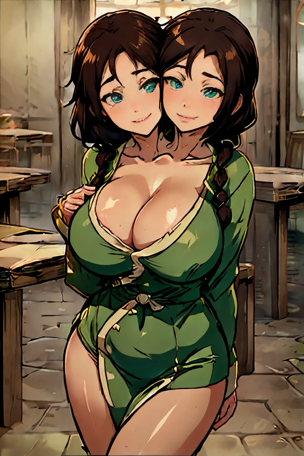 (masterpiece), adult Jin, 1girl, solo, smile, blush, looking at viewer, twin braids, blue eyes, brown hair, parted lips, large breasts, tea shop, realistic, standing, cleavage, green robes, (two heads, conjoined_dicephalus), (cheeks rubbing together), (kissing:1.2), ((holding tea)), (seductive eyes)