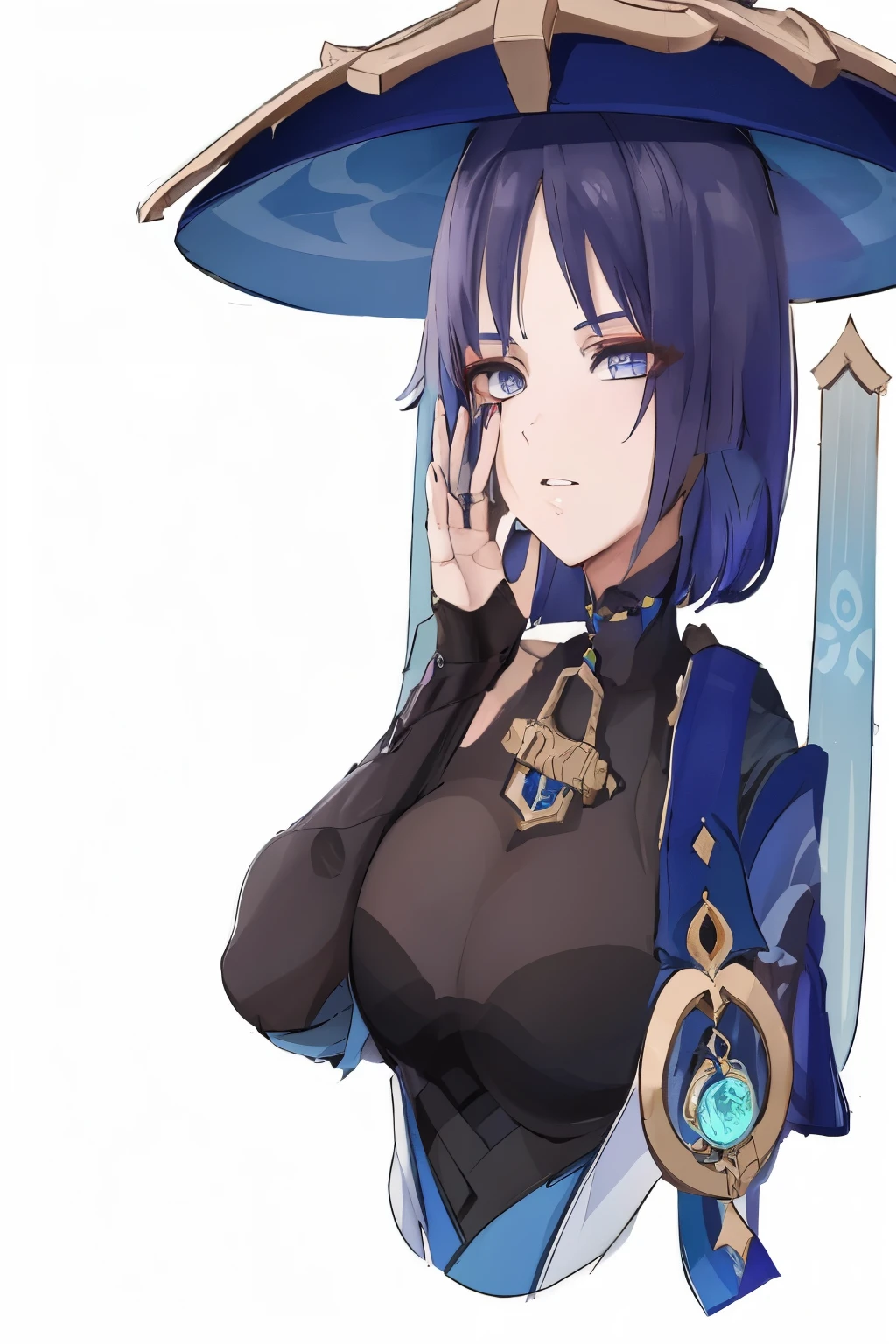 (masterpiece), best quality, perfect face, expressive eyes, (wanderer:1.2), scaramouche (genshin impact), 1girl, female focus, solo, hand on breast, long nails, thicc