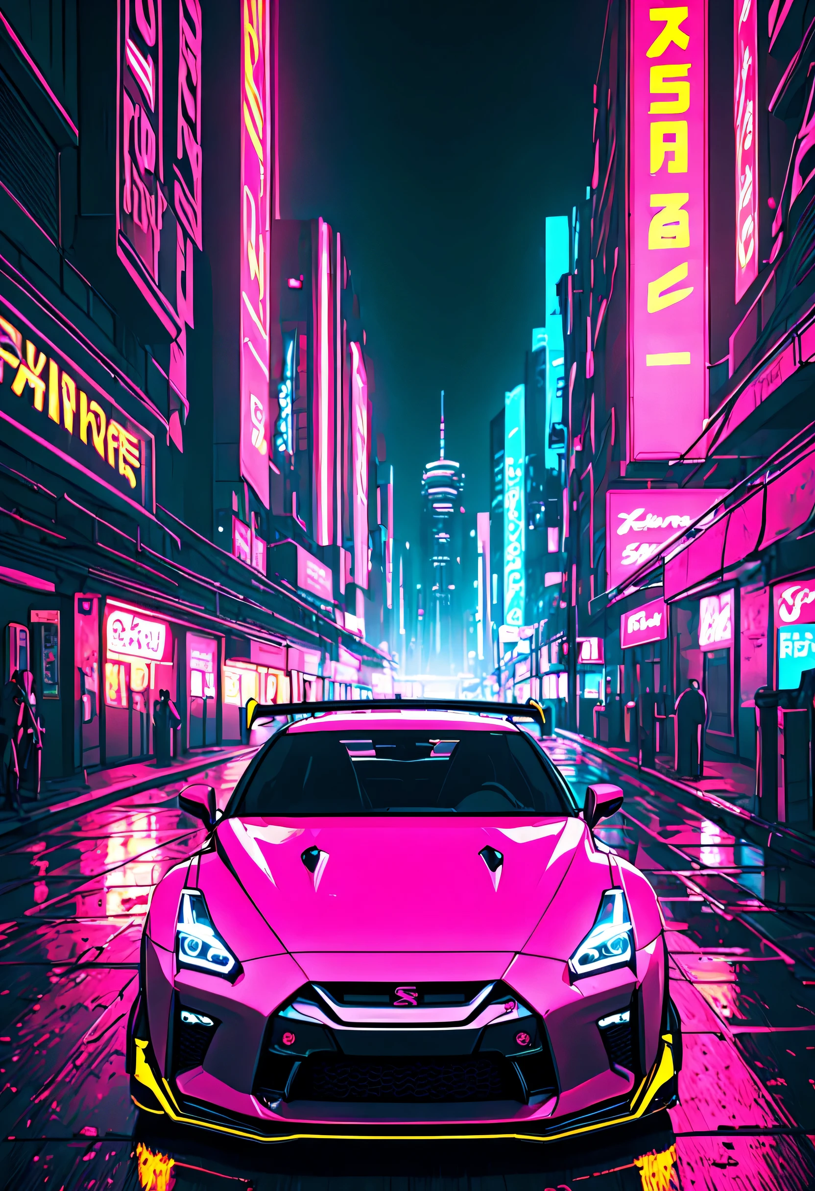 Cyberpunk 2077，Lucy，Nissan GTR，cyberpunk style，neon lights，top quality，ultra high resolution