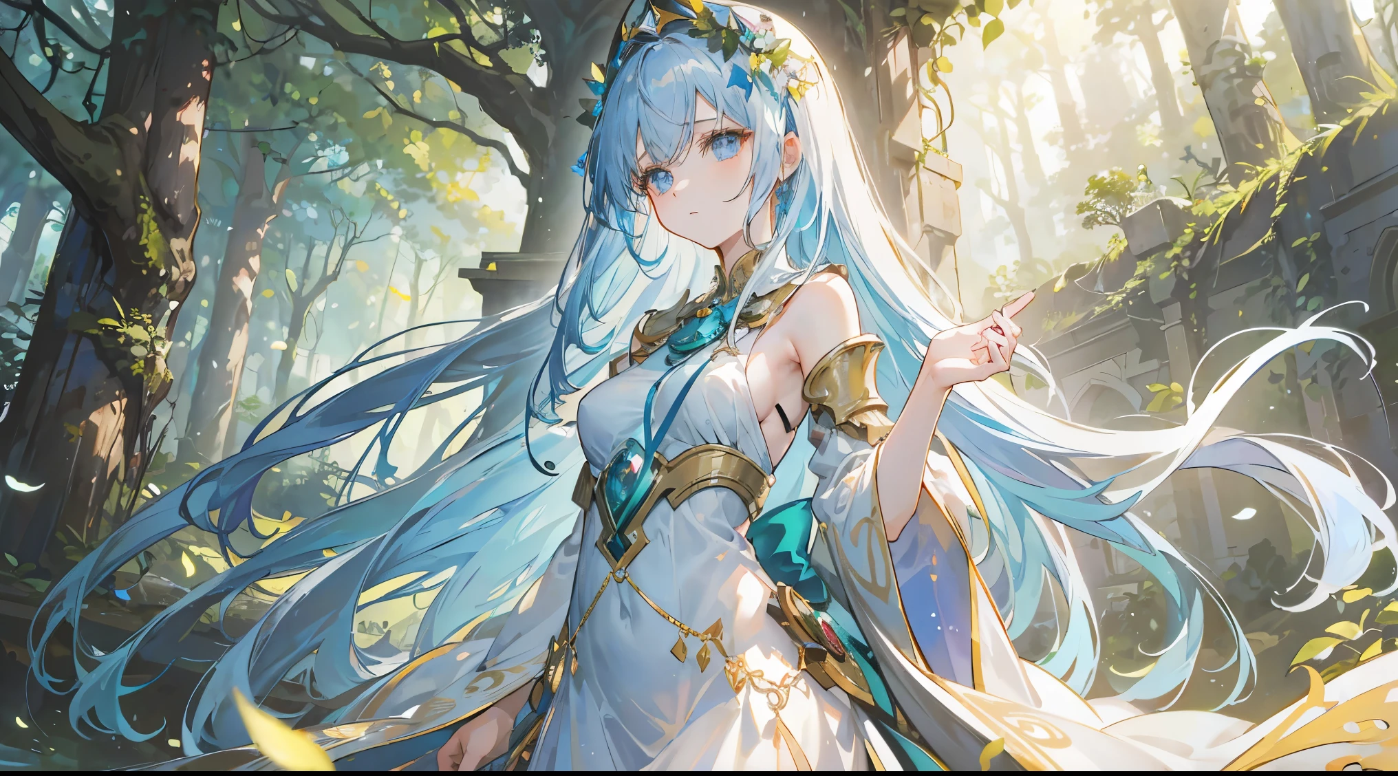(best quality, 4k, highres, masterpiece:1.2), ultra-detailed, realistic, enchanted forest, dreamy atmosphere, ruins, ancient, 18 year-old girl in the bright forest, ethereal, moss-covered trees, soft sunlight filtering through the leaves, golden rays of light, dancing fairies, shimmering waterfalls, gentle breeze rustling the leaves, vibrant flowers blooming, girl with flowing hair, long flowing dress, innocent expression, peaceful and serene, magical creatures, hidden paths, mysterious whispers, ancient relics, forgotten secrets, a sense of wonder and awe, tranquility, harmony with nature, mystical energy, vivid colors, soft and warm color palette, dappled light, dramatic shadows, ethereal glow, enchanting melodies, whimsical elements, surreal ambiance.