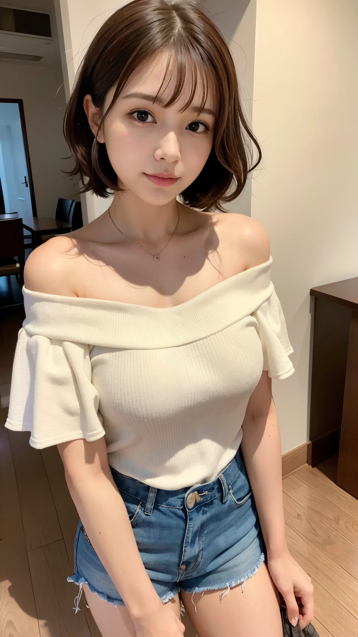 (close up shot)４K、High resolution、｟big breasts 1.6｠、With bangs、looking at camera、｟smile 1.6｠｟brown hair｠、19 years old、((short hair｠curly hair、1 girl、off-shoulder tops、shorts、japanese woman、beautiful girl、well-groomed face、cute、Inside the apartment