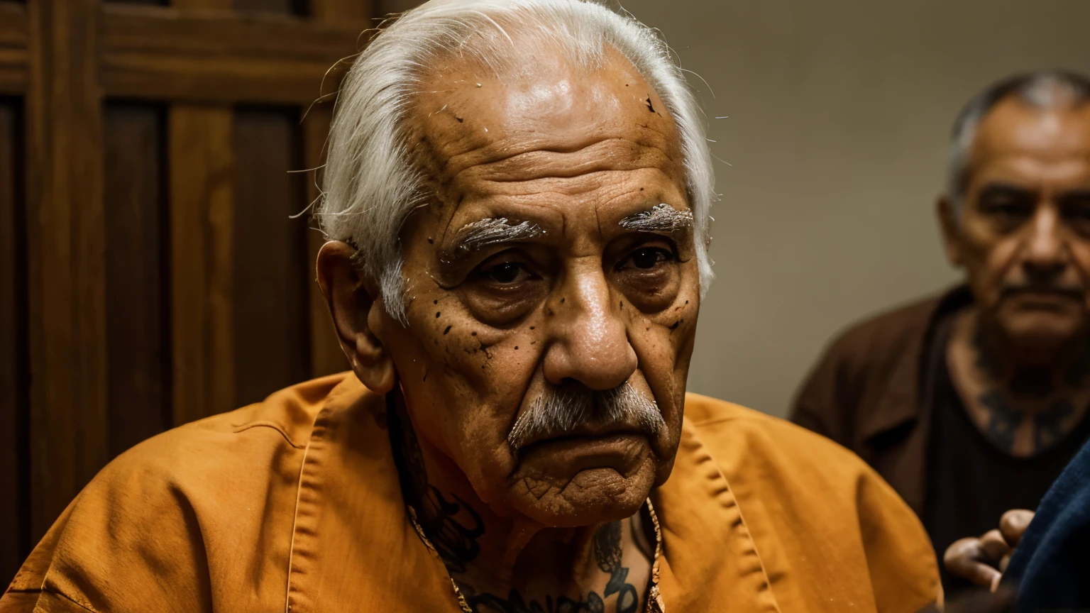 OLD LATINAMERICA MAN OF 90 YEARS OLD AS A PRISONER PRESENTED IN COURT, ORANGE PRISONER CLOTHES, A LOT OF TATTOOS ON HIS FACE, HYPERREALISM