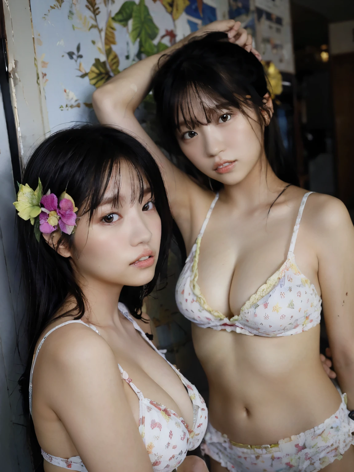 Two women with long hair and one woman with a peace sign, Nixeu y sakimichan, Second time, Pixiv and Junji Ito, Ulzzang, With ivy, SSAO8K, 🚿🗝📝, Nam Jae Young, Bae Suzy, Larisa Manobar, sakimichan, Yoshitomo Nara y Aya Takano