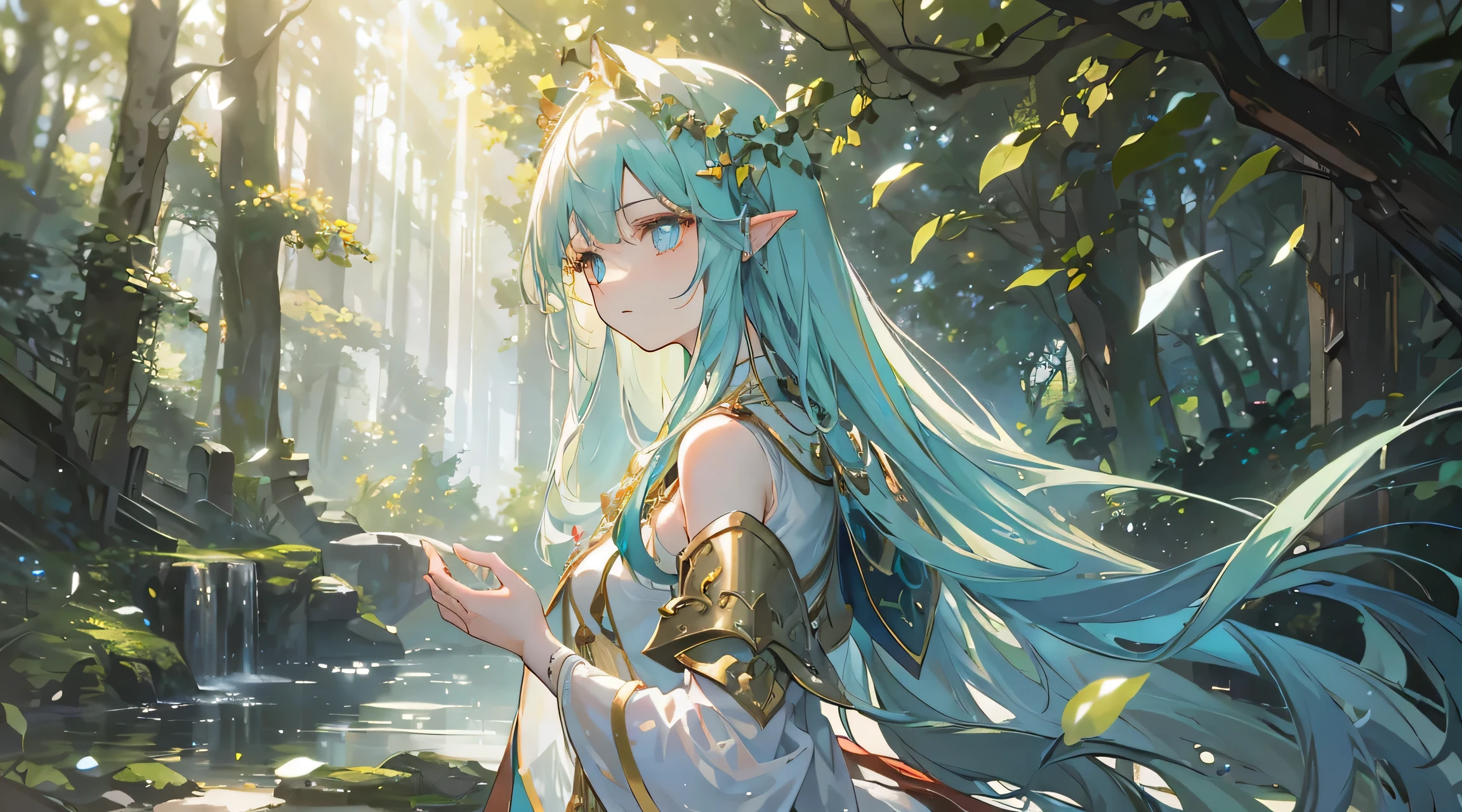 (best quality, 4k, highres, masterpiece:1.2), ultra-detailed, realistic, enchanted forest, dreamy atmosphere, ruins, ancient, 18 year-old girl in the bright forest, ethereal, moss-covered trees, soft sunlight filtering through the leaves, golden rays of light, dancing fairies, shimmering waterfalls, gentle breeze rustling the leaves, vibrant flowers blooming, girl with flowing hair, long flowing dress, innocent expression, peaceful and serene, magical creatures, hidden paths, mysterious whispers, ancient relics, forgotten secrets, a sense of wonder and awe, tranquility, harmony with nature, mystical energy, vivid colors, soft and warm color palette, dappled light, dramatic shadows, ethereal glow, enchanting melodies, whimsical elements, surreal ambiance.