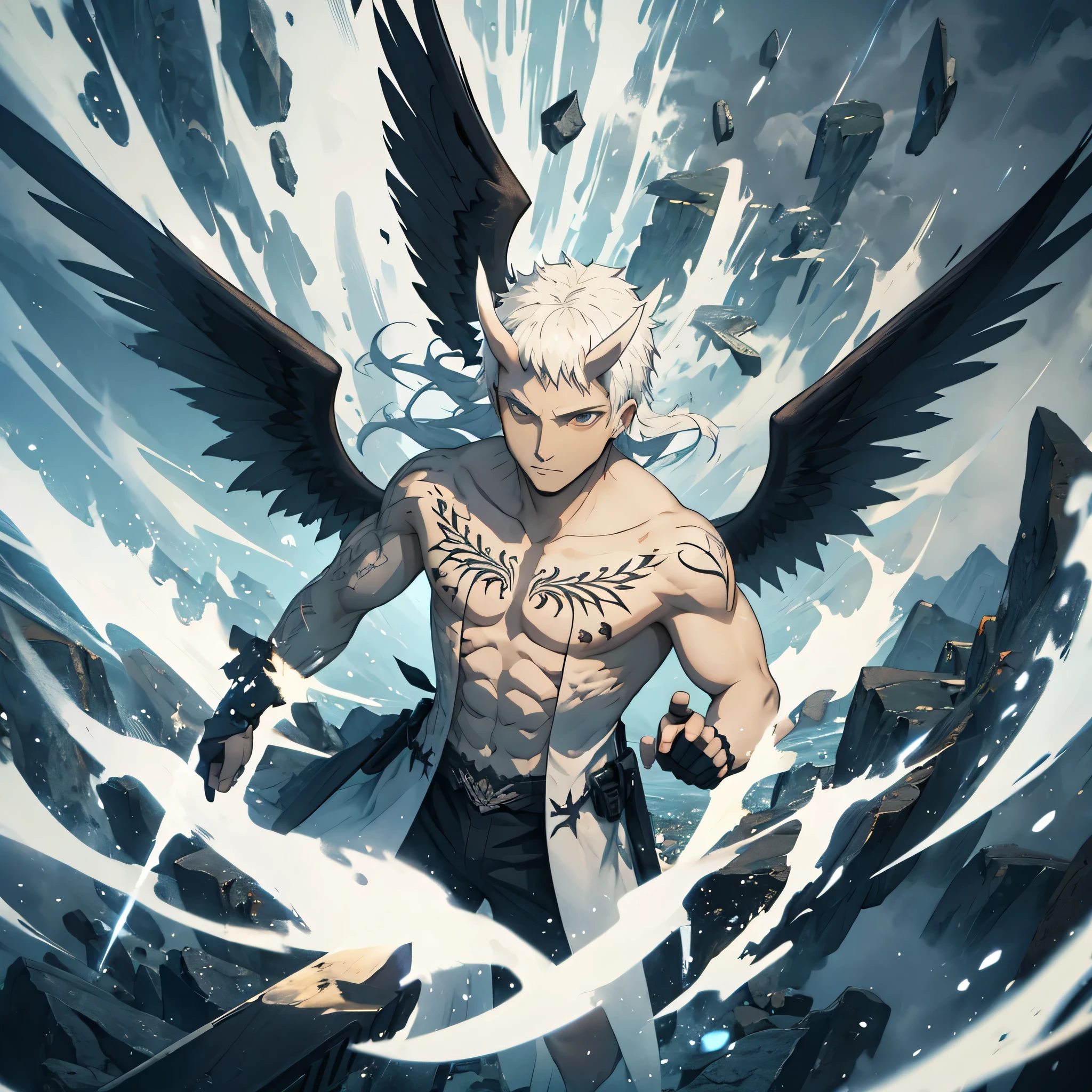 35-year-old male, dark-skinned, tattoos, white hair, horns, large black angel wings, flying through the sky, black feathers falling down, soaring, black wings, dark wings, clouds