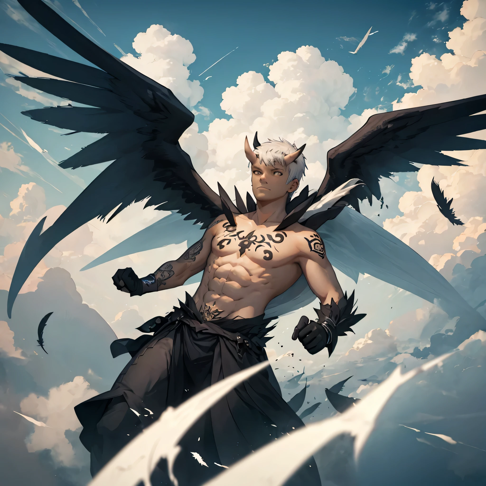 35-year-old male, dark-skinned, tattoos, white hair, horns, large black angel wings, flying through the sky, black feathers falling down, soaring, black wings, dark wings, clouds, gigantic black wings