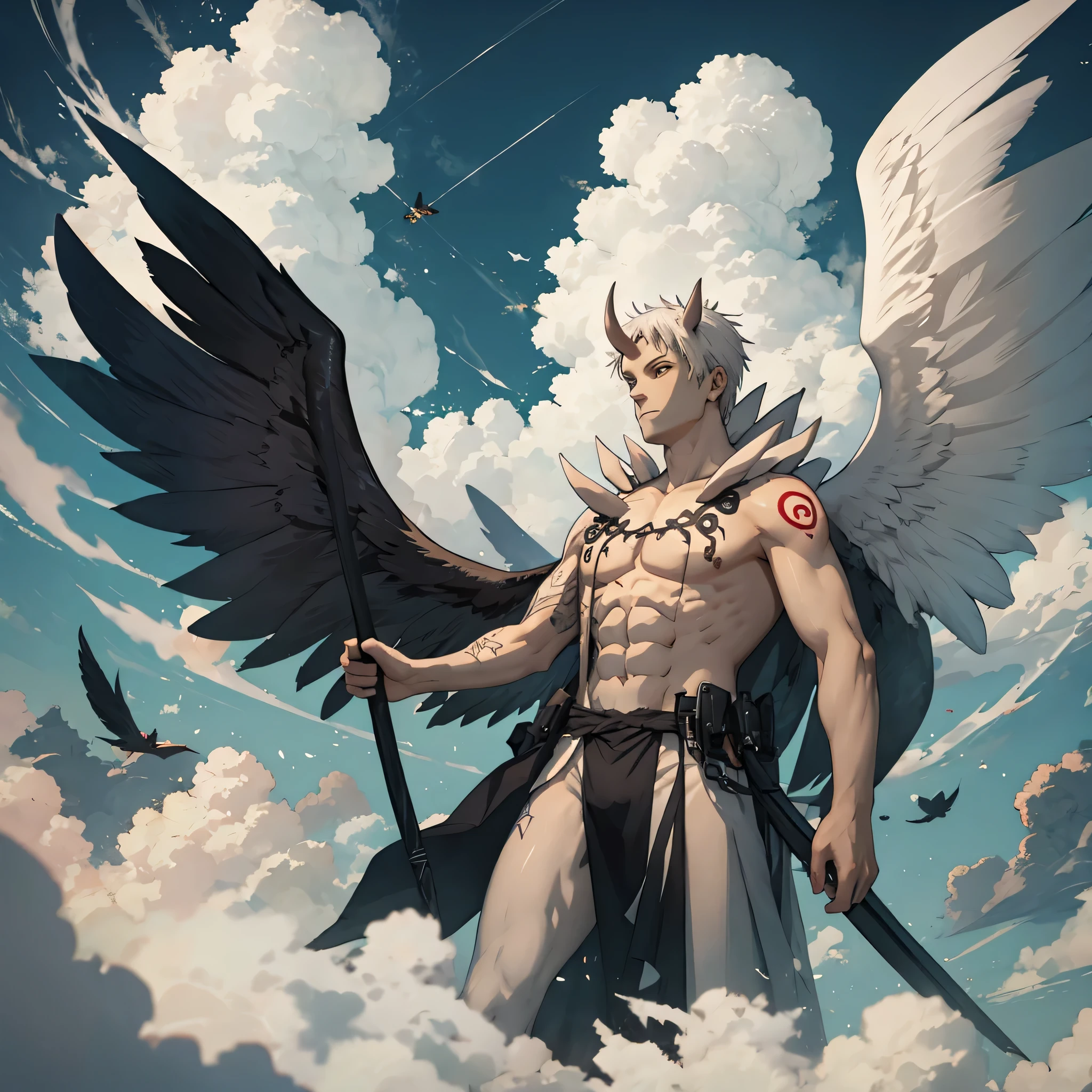 35-year-old male, dark-skinned, tattoos, white hair, horns, large black angel wings, flying through the sky, black feathers falling down, soaring, black wings, dark wings, clouds, gigantic black wings