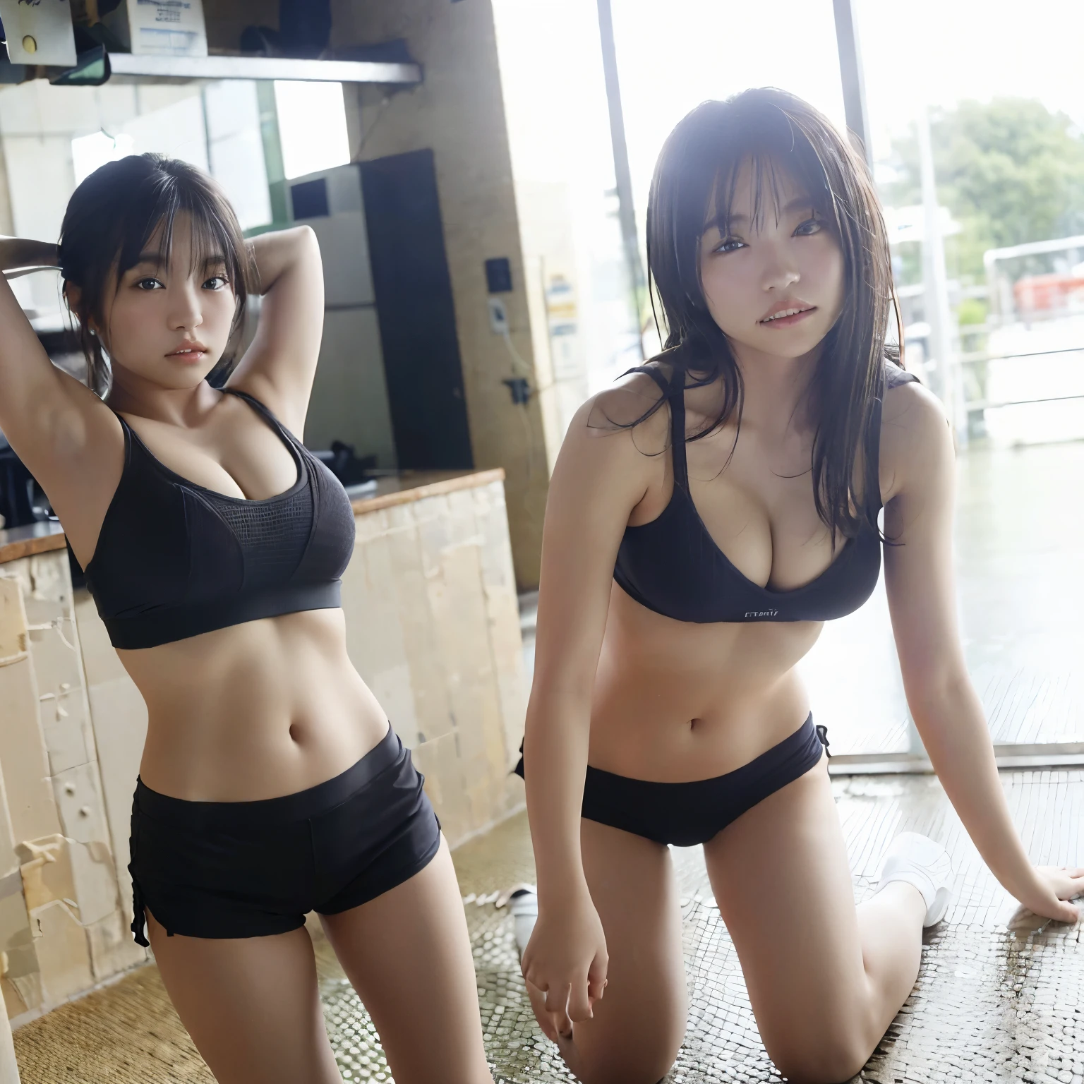 Japanese、identical twin sisters、arafed woman in a play sports often top doing push ups on a mat, fit girl, fit girl, fitness model, play sports often and shirt, play sports often, play sports often and shorts, wear fitness gear, play sports often, physical sporty, workout, at the gym, Have a curvy body shape, training bra, fit the body, attractive physical sporty, charming girl,(8K、Raw、professional、highest quality、masterpiece:1.2)、(real、photorealistic:1.37)、super detail、(Portrait)、(highest detail skin:1.2)、(highest detail face:1.2)、cinematic lighting、1 girl、(8K、highest quality、masterpiece:1.2)、(real、photorealistic:1.37)、Super detailed、soft light、