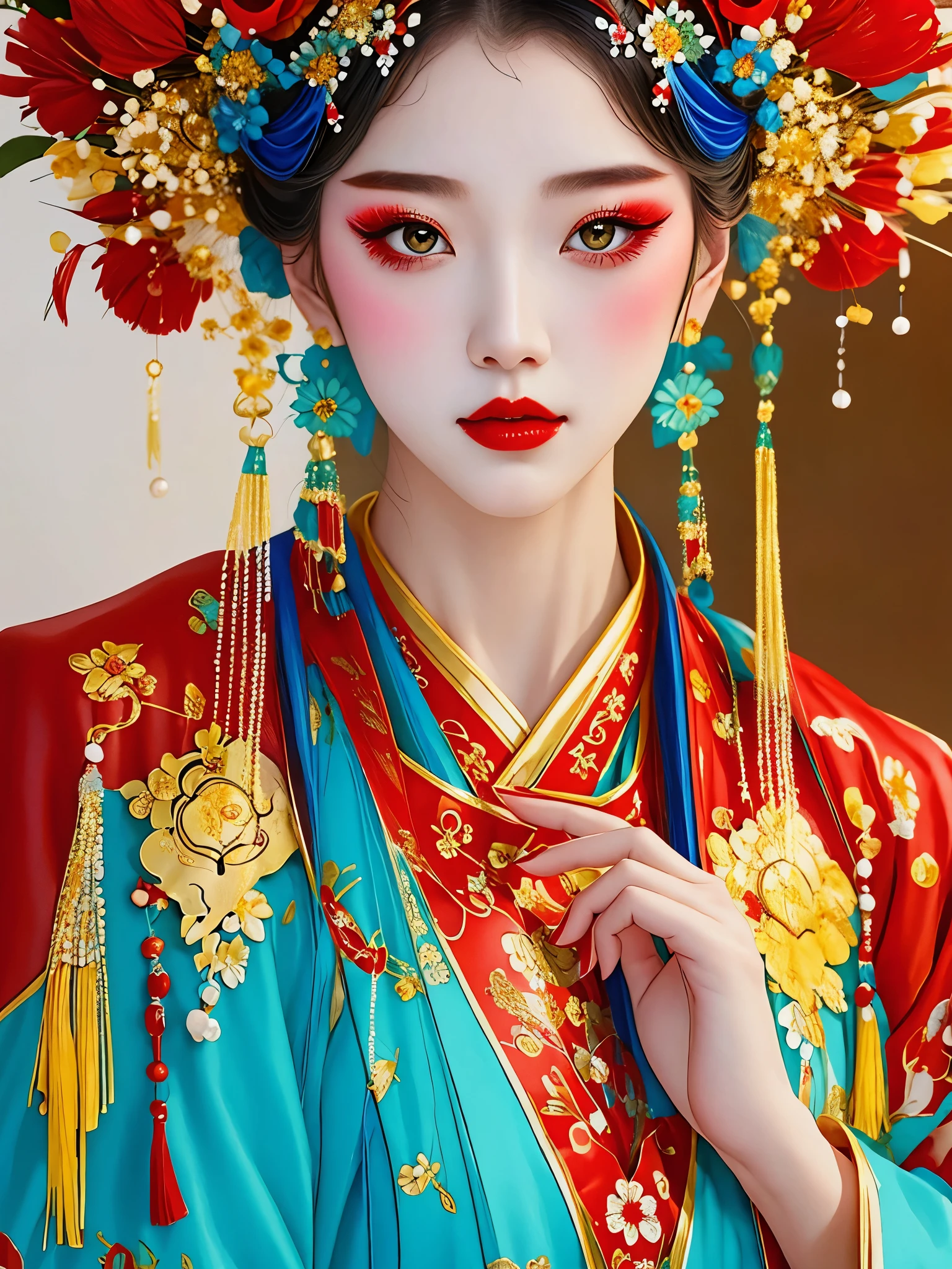 (masterpiece, best quality:1.2),1 girl,beautiful,portrait,red face,look at camera,landscape on hair,A bouquet of flowers,landscape,Hanfu,Skin details, alone,Chinese Peking Opera,Gorgeous costumes,Exquisite headdress,flower headdress,tassel,pearl,clean background,blue,Red,green