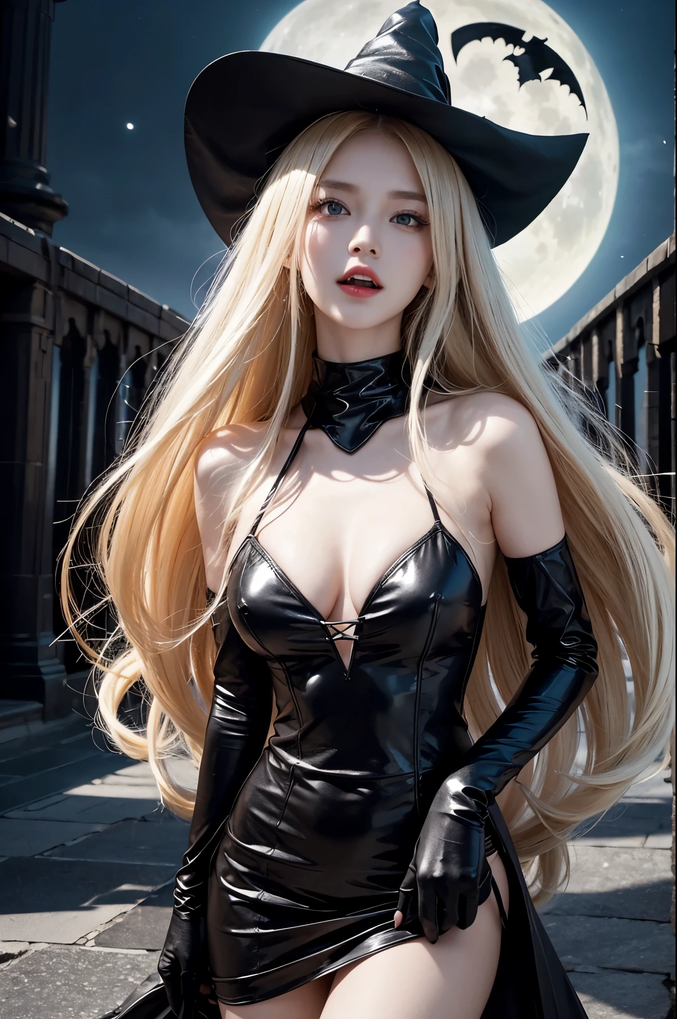 Charming Russian model Nata Lee, light blonde hair, wearing a witch hat, Female witch in sexy dark purple leather armor with a cape,(Open your mouth,Showing vampire fangs,(poison fangs:1.2),(teeth:1.1) Vampire mouth),Sharp teeth,(Vampire skin is super fair and smooth)、(In the background is a classical western castle,Stone castle,High bell tower,Square high-rise clock tower,large moon,moon full,Enshrouded by cloudoon stars are rare,)A pair of pitch-black wings spread out on the back,the bats,Soft and cold,((Vampire teeth are surprisingly white,Showing fangs,licking own lips)),Image of Araved posing for a photo,The eyes burn like a scorching flame,It emits a terrible red light。Around his body,It is full of mysterious and deadly energy。 the sailor moon. Beautiful, Anime goddess, Anime girl in real life,Anime cosplay, Scholar, Anime figure; Full-body art, seductive anime girls,(((Kojima Bunmi style)))