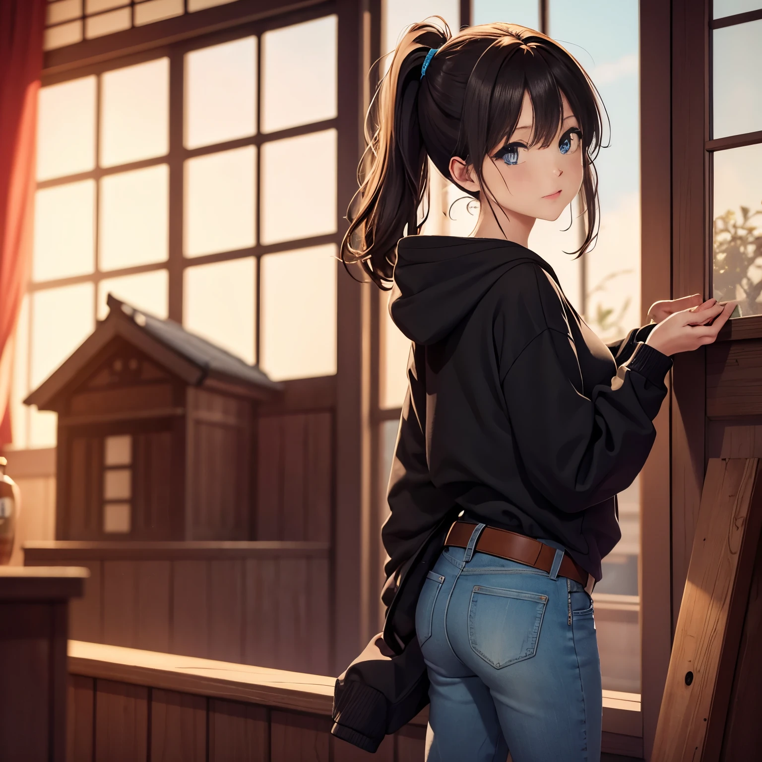 in hand1have a bean、Inside the house of a modern Japan、1girl、ponytail、hoodie、jeans