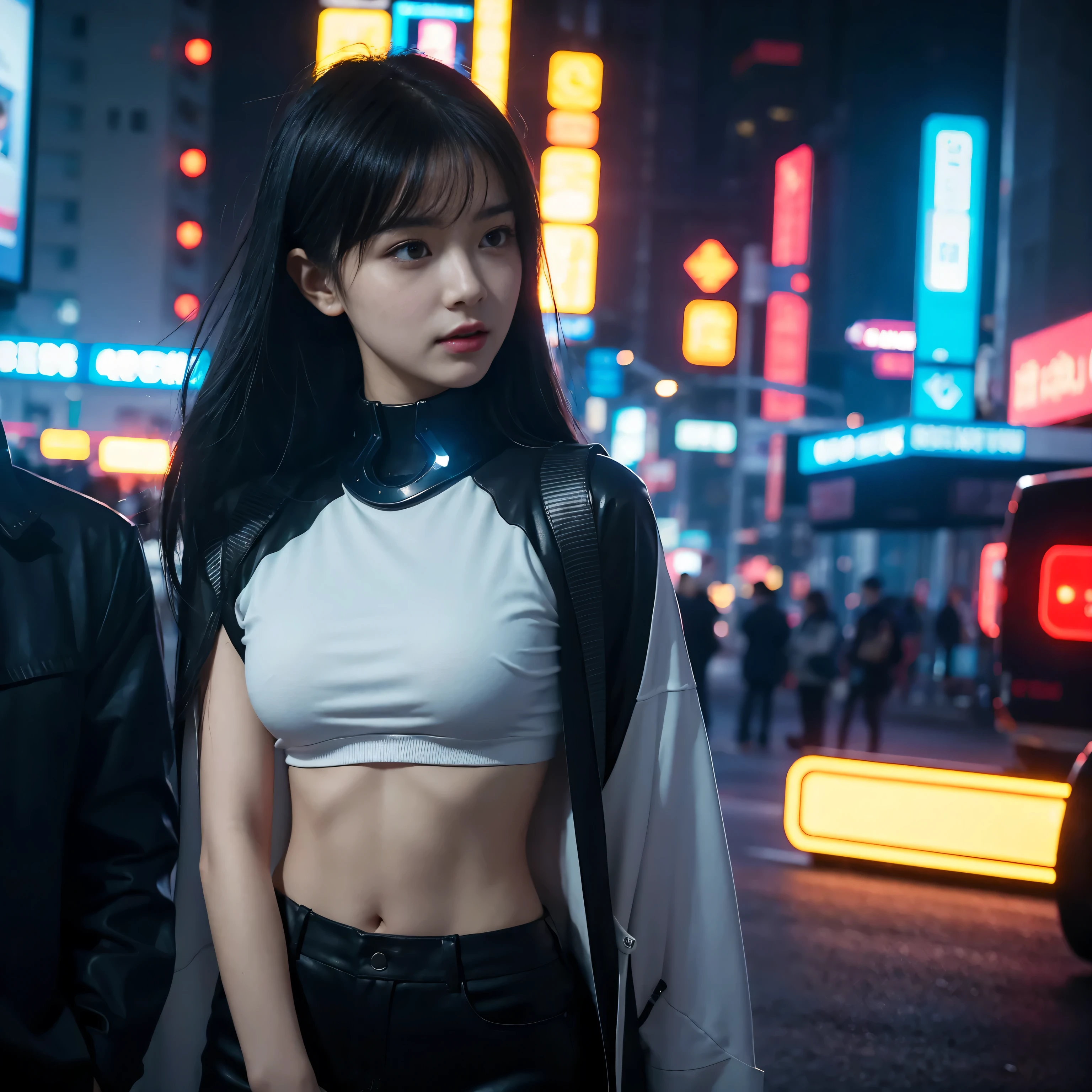 In this cyberpunk future street scene，The one in black，Beautiful woman with perfect body，In addition to her charming figure，What&#39;What&#39;s more striking is her face。Her face seemed to contrast sharply with her surroundings，her eyes are very clear，It seems to be able to see through people's hearts，Her smile is pure and flawless，Bring a touch of gentleness and lightness to this world full of technology and indifference。

Her existence seems a mystery，A city full of futuristic technology and neon lights，a soul with dreams。Her face forms a unique contrast to the surrounding cyberpunk environment，seems inappropriate，and very attractive。She stood in the street，Surrounded by busy people and fast-moving light and shadow，But she&#39;like a still focus，Attracting the attention of everyone who passes by her。

this beautiful，It is a symbol of the future world，It is also an eternal beauty，Her appearance is in stark contrast to the complex indifference around her.，It makes people think about how to function in this rapidly evolving world，Does the warmth and purity of human nature still exist??。she is like a beam of light，Light up this cyberpunk-style city，Give people hope and dreams。