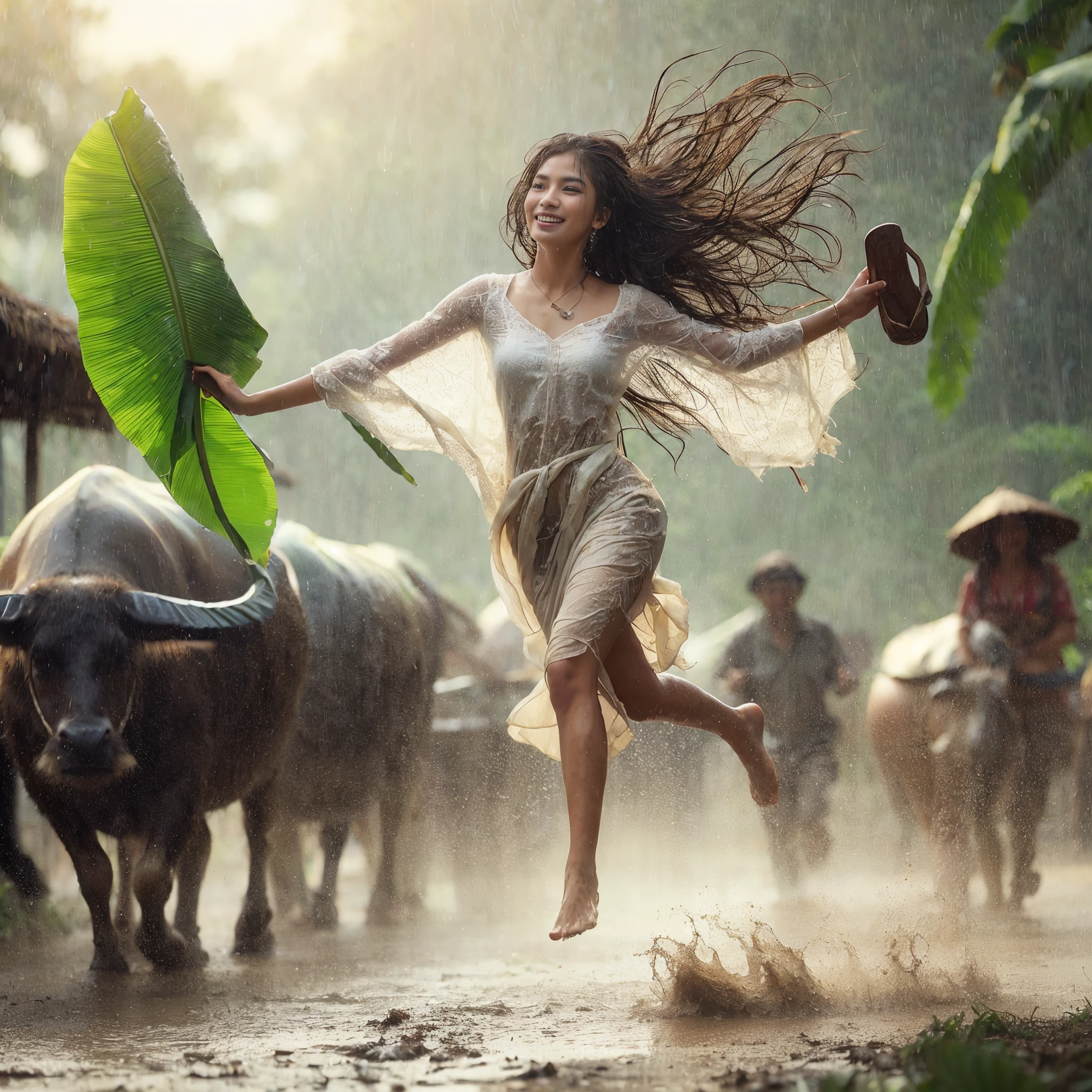 young Indonesian beautiful woman, wearing a wet white kebaya, long hair, heavy rain, right hand holding one a wide banana leaf, left hand carrying sandals, muddy road,she is high jumping and down dancing and laughing happily, the background is a farmer, a buffalo , much water splash effect. HD professional photographer, epicrealism models, atmospheric impressionism, bokeh, film dramatic realism,ultra upscale ultra detail on facial skin, soft focus realism --ar 36:61 --stylize 7