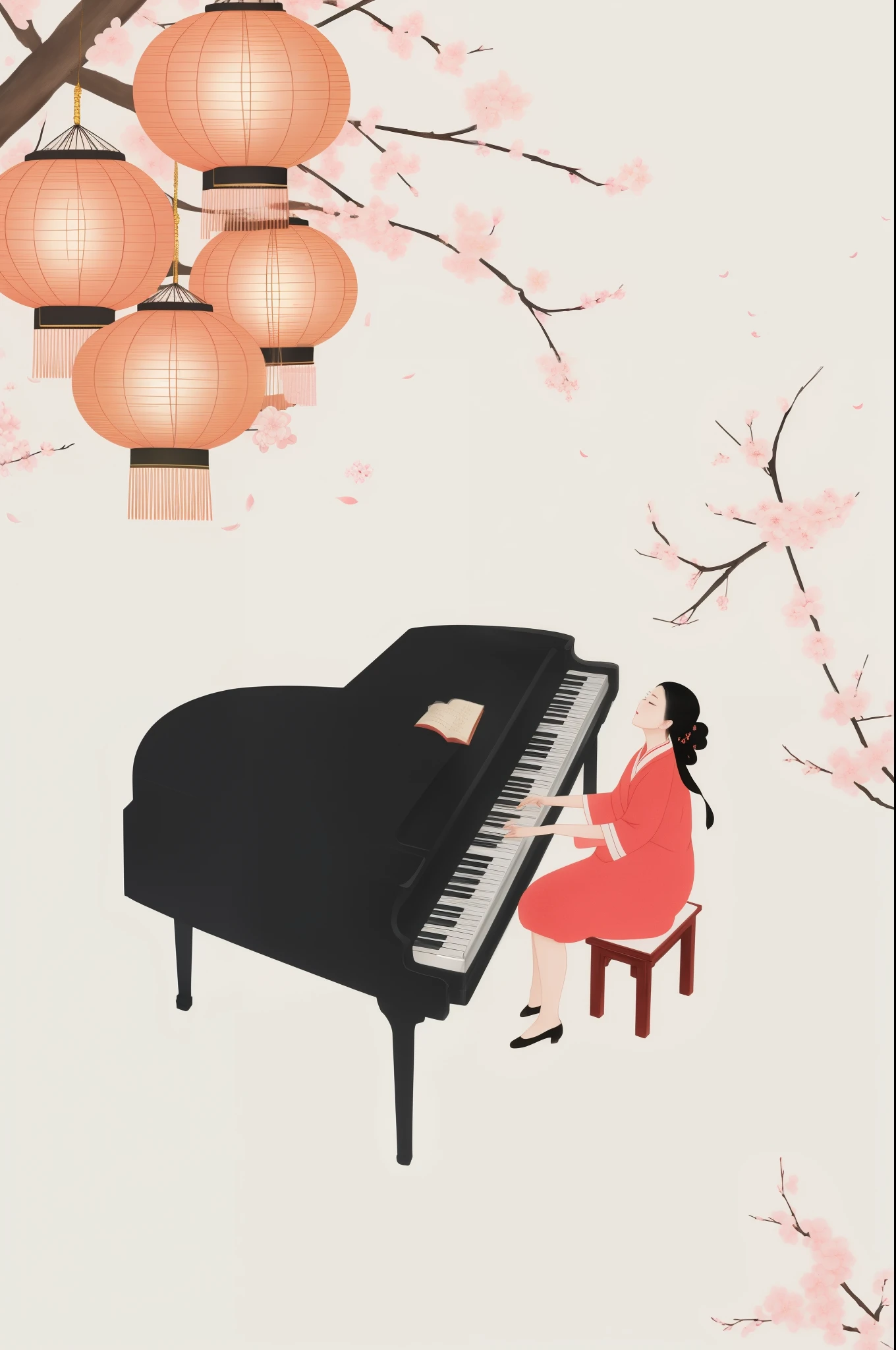 There is a woman sitting in front of the piano under the tree, 钢琴上边有一碗sweet dumpling,sweet dumpling,lantern,Cherry blossoms,Inspired by Kawai Gyokudo, A beautiful artistic illustration, pianist, Inspired by Song Xu, inspired by Huang Gongwang, Inspired by Song Maojin, by Mei Qing, Chinese painting style, Piano, through Yimo, Beautiful digital illustrations, Inspired by Lin Tinggui