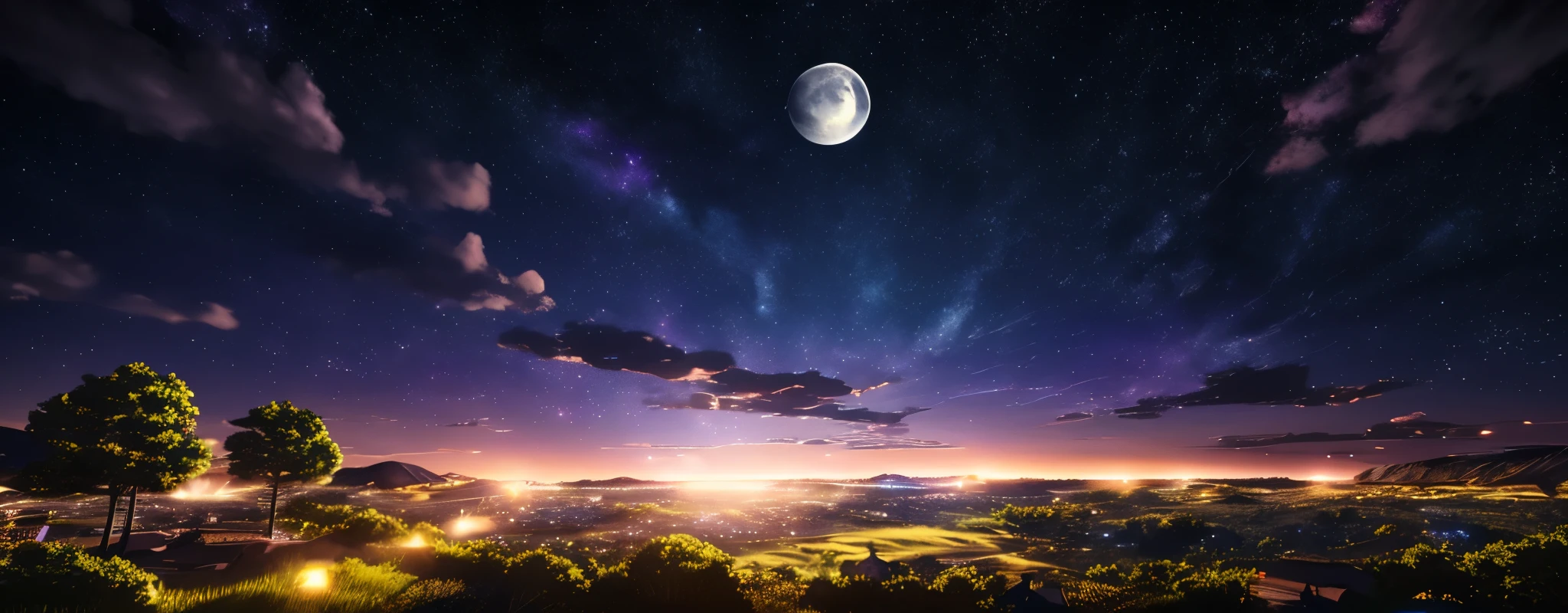 Create an HDRI image of an anime-style night sky. The sky should be dark purple, indicating nighttime, and filled with bright stars. Exclude the moon from the scene, focusing solely on the stars and the tranquility of the starry night.