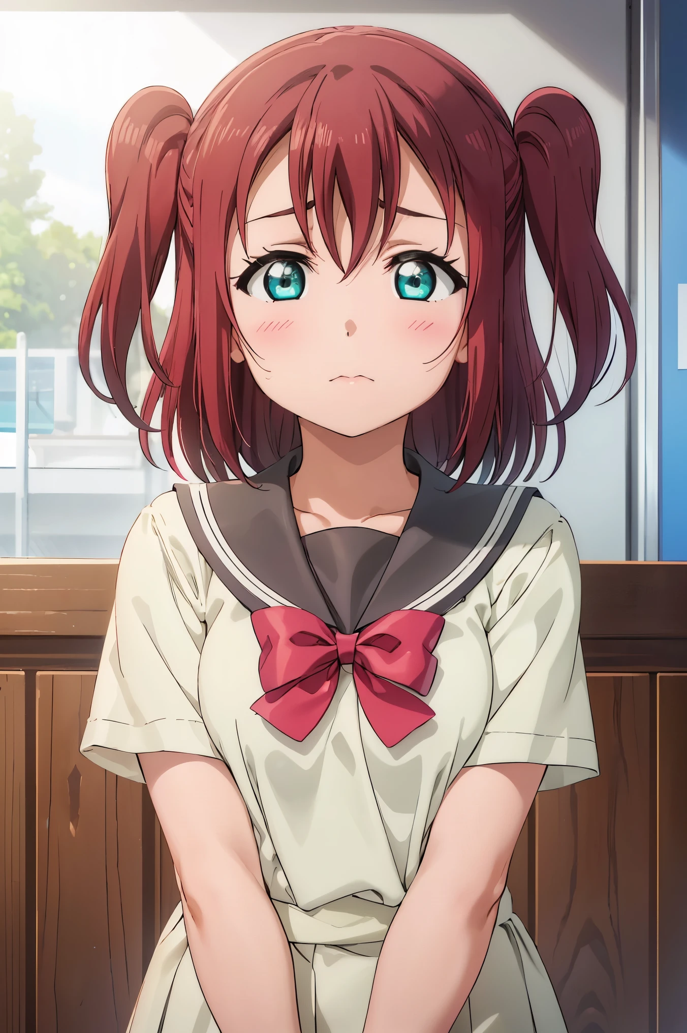 (((pixel-perfect, detail-perfect))), solo, 1girl, ruby kurosawa, uranohoshi school uniform, bowtie, looking at viewer, (sad), close mouth, ((upper body))