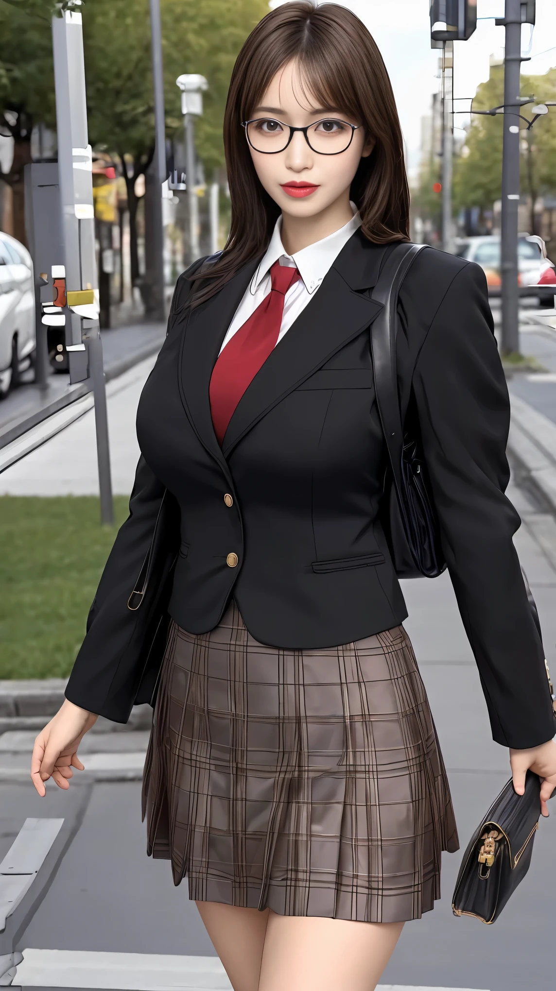 masterpiece, best quality, ultra-detailed, illustration,, (paisura:1.4), 1girl, glasses, big breasts, necktie, sexy skirt, bag, sexy school uniform, black hair, outdoors, road, between breasts, street, school bag, ground vehicle, danchi, japan,, slender body