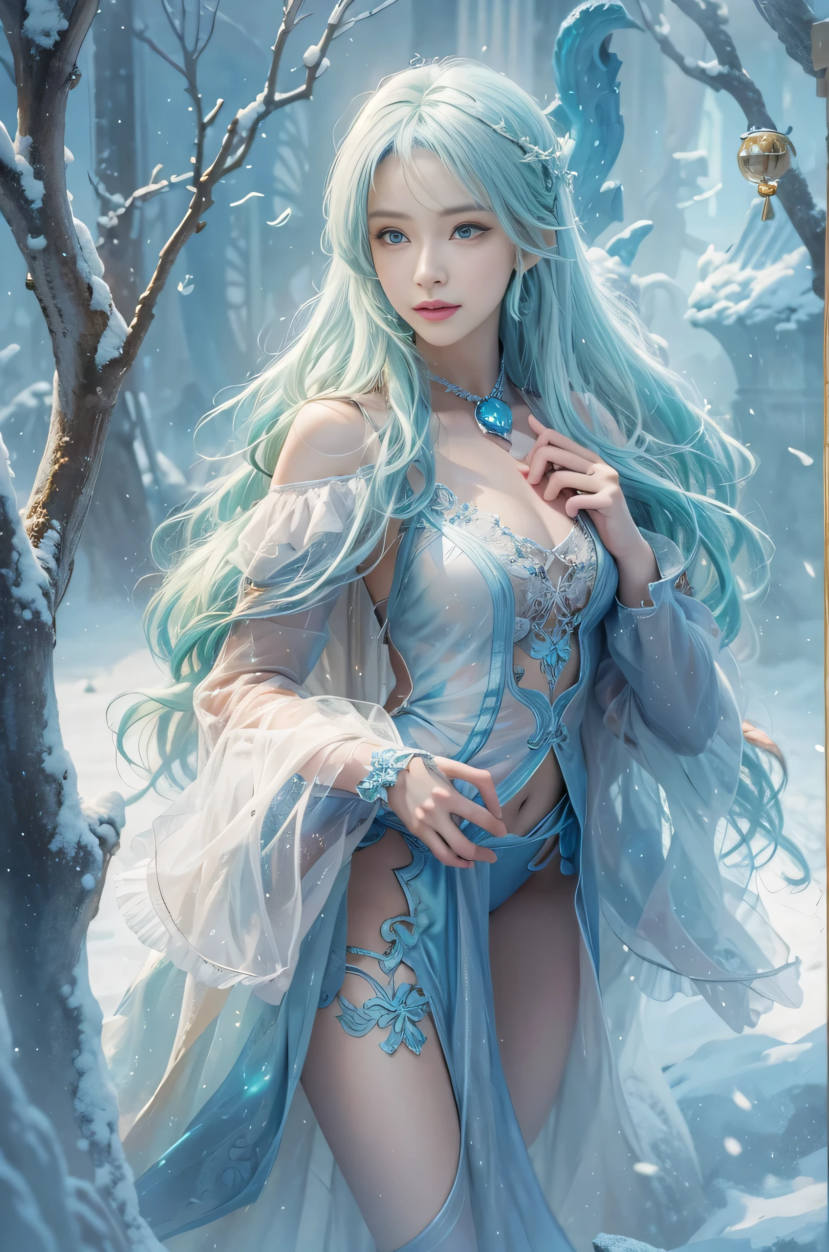 (photorealistic:1.8, highest quality:1.8,8K masterpiece:1.8,High resolution,muste piece:1.8),A 23-year-old woman standing on a snow mountain,fantasy,(tight mini dress、Transparent Shawl、Elegant earrings、choker), beautiful detailed blue eyes:1.7,double eyelid:1.6,beautiful skin:1.8, (looking at the camera:1.2),(Photo seen from below:1.3),(long Hair:1.2,Beautiful shining blue lime hair:1.5), expression(Sly Smile:1.3,face turns red:1.3),(Moderate chest:1.3),Pause(Seductive pose:1.5),background(snow scene:1.5,snow mountain:1.3,fairyland forest),(slender:1.2),(detailed perfect face),normal hands:1.5,normal finger:1:5,normal feet:1.5,thighs exposed,(cameltoe), (Nipples visible through clothing), No deformation,No arm loss,No extra arms,No mutated hands,No extra legs,no bad moves,No hand deformity,No missing limbs,No floating limbs,No limb amputation,No extra fingers,no bad fingers,liquid fingerless,bad fingerless,No missing fingers,No extra fingers,less fingers