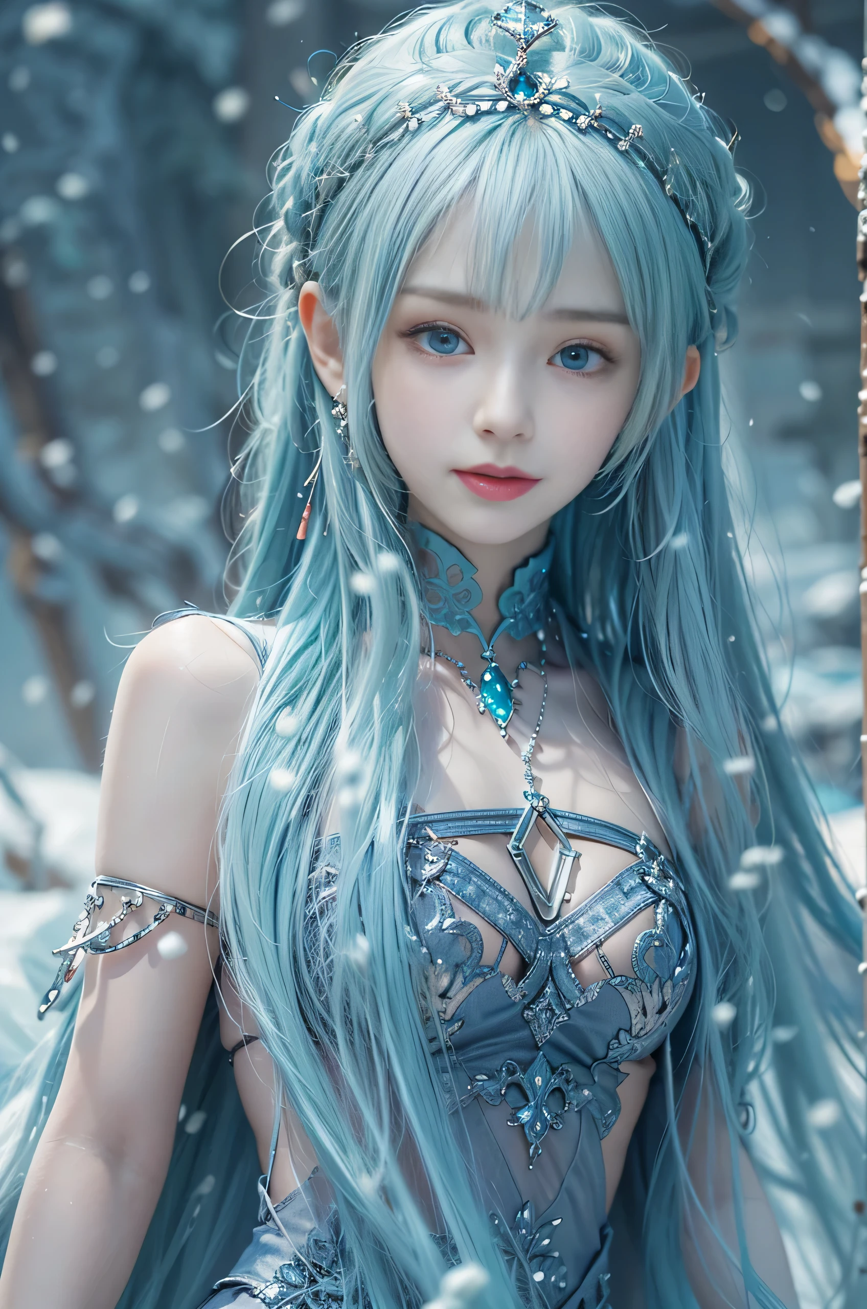 (photorealistic:1.8, highest quality:1.8,8K masterpiece:1.8,High resolution,muste piece:1.8),A 23-year-old woman standing on a snow mountain,fantasy,(tight miniskirt dress、Transparent Shawl、Elegant earrings、choker), beautiful detailed blue eyes:1.7,double eyelid:1.6,beautiful skin:1.8, (looking at the camera:1.2),(Photo seen from below:1.3),(long Hair:1.2,Beautiful shining blue lime hair:1.5), expression(Sly Smile:1.3,face turns red:1.3),(Moderate chest:1.3),Pause(Seductive pose:1.5),background(snow scene:1.5,snow mountain:1.3,fairyland forest),(slender:1.2),(detailed perfect face),normal hands:1.5,normal finger:1:5,normal feet:1.5,(cameltoe), (Nipples visible through clothing), No deformation,No arm loss,No extra arms,No mutated hands,No extra legs,no bad moves,No hand deformity,No missing limbs,No floating limbs,No limb amputation,No extra fingers,no bad fingers,liquid fingerless,bad fingerless,No missing fingers,No extra fingers,less fingers