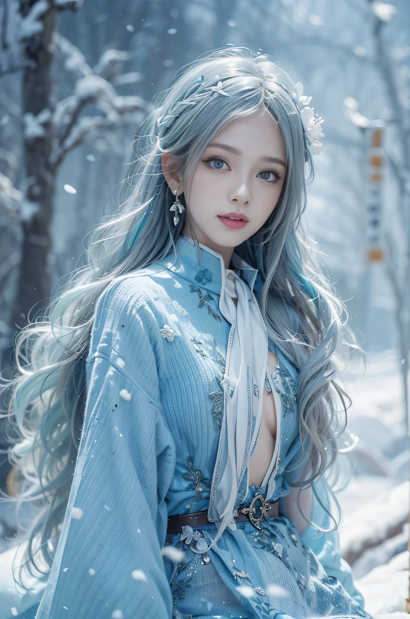 (photorealistic:1.8, highest quality:1.8,8K masterpiece:1.8,High resolution,muste piece:1.8),A 23-year-old woman standing on a snow mountain,fantasy,(tight miniskirt dress、Transparent Shawl、Elegant earrings、choker), beautiful detailed blue eyes:1.7,double eyelid:1.6,beautiful skin:1.8, (looking at the camera:1.2),(Photo seen from below:1.3),(long Hair:1.2,Beautiful shining blue lime hair:1.5), expression(Sly Smile:1.3,face turns red:1.3),(Moderate chest:1.3),Pause(Seductive pose:1.5),background(snow scene:1.5,snow mountain:1.3,fairyland forest),(slender:1.2),(detailed perfect face),normal hands:1.5,normal finger:1:5,normal feet:1.5,(cameltoe), (Nipples visible through clothing), No deformation,No arm loss,No extra arms,No mutated hands,No extra legs,no bad moves,No hand deformity,No missing limbs,No floating limbs,No limb amputation,No extra fingers,no bad fingers,liquid fingerless,bad fingerless,No missing fingers,No extra fingers,less fingers