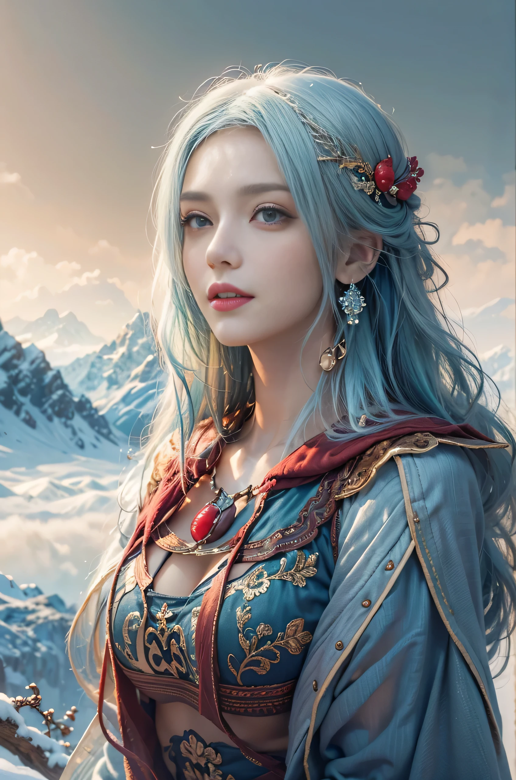 (photorealistic:1.8, highest quality:1.8,8K masterpiece:1.8,High resolution,muste piece:1.8),One 23 year old woman,fantasy,,(red flared skirt,tight mini dress,Transparent Shawl,delicate hair ornament, elegant earrings,choker,knee high socks), beautiful detailed blue eyes:1.7,double eyelid:1.6,beautiful skin:1.8, (looking at the camera:1.2),(Photo seen from below:1.3),(Medium Hair:1.2,Beautiful shining blue lime hair:1.5), expression( Impish Smile:1.3,face turns red:1.3),Pause(spread your legs, Seductive pose:1.5),background(snowy mountain area:1.5,snow mountain),(Medium chest,slender, abs:1.2), (detailed perfect face),normal hands:1.5,normal finger:1:5,normal feet:1.5,(cameltoe)