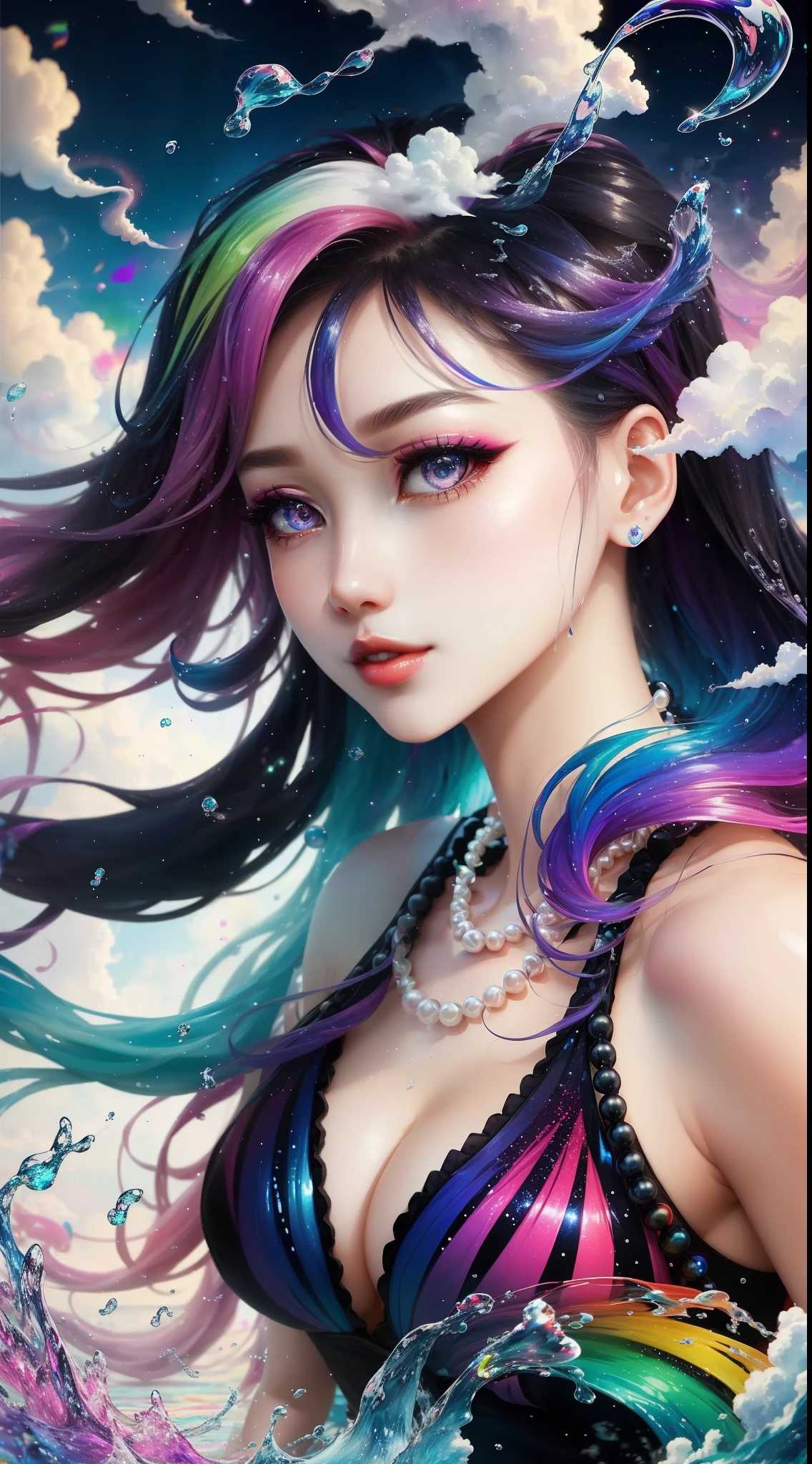 (Gentle girl)),(Colorful),Flowing colorful auspicious clouds,Colorful hair,(There are highlights on the hair),((Hair with small pearls,Sparkling and shining)),colorful,solo,coloured with lots of colour,splash of color,Gradient,Colorful rainbow,glaring,floating cloud,Beautiful CG,Delicate and beautiful facial features,Gorgeous highlights,crystal-clear,Splashing colorful liquid,floating sparkles,Liquid flame,Absolutely beautiful,attractive cleavage,((Shining brilliance)),Impeccable,dream magical,Colorful floating clouds,water vapour,Danfeng Eyes,Colored lips,Sequin trim at the end of the eyes