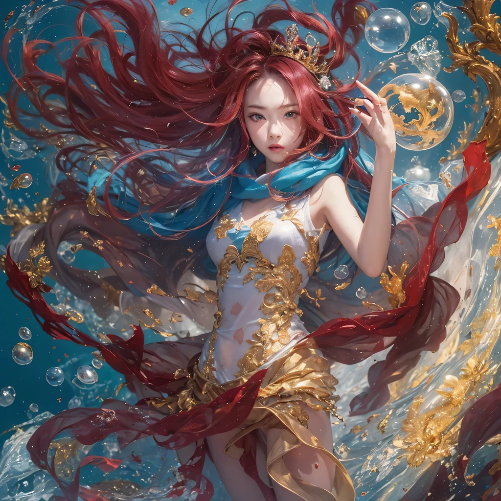 黄 blue colors，enamel，agate，A flesh-colored world，Blood Blue Maiden 32k（masterpiece，HD，Aoyama Pond，Ultra high quality，32k）long flowing bright blue hair，blood pool，Ziddink， a color，Grumpy （After greeting）， （Linen scarf）， fighting stance， looking at the ground， long white hair， Floating bright blue， Fire cloud gold headdress， Chinese long-sleeved gold silk burgundy garment， （Abstract metaverse splash：1.2）， White background，Peony flower vitality protector（realistically：1.4），bright purple hair，Smoke on the road，The background is very pure， high resolution， detail， RAW photos， Sharp Re， Nikon D850 film photo by Jefferies Lee 4 Kodak Portra 400 camera F1.6 guns, colorful, Ultra-realistic and vivid textures, dramatic lighting, Unreal Engine Art Station Trend, Sinest 800，一个有着long flowing bright blue hair的女孩，huge colorful bubbles