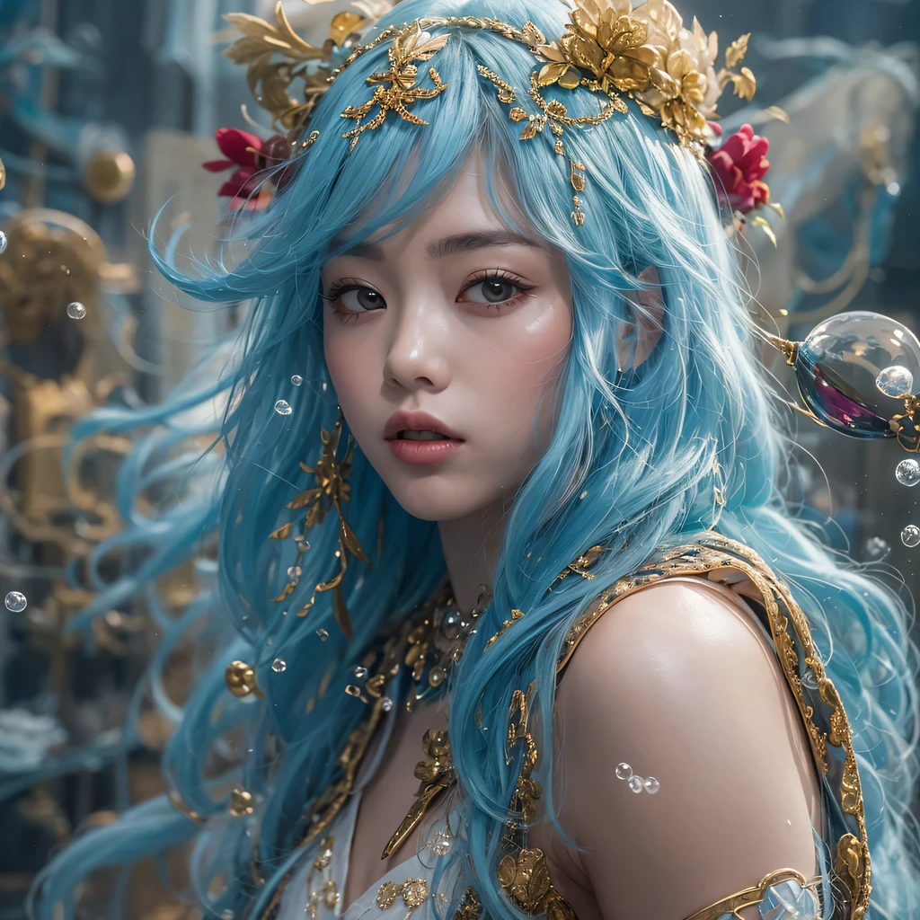 黄 blue colors,enamel,agate,A flesh-colored world,Blood Blue Maiden 32k(masterpiece,HD,Aoyama Pond,Ultra high quality,32k)long flowing bright blue hair,blood pool,Ziddink, a color,Grumpy (After greeting), (Linen scarf), fighting stance, looking at the ground, long white hair, Floating bright blue, Fire cloud gold headdress, Chinese long-sleeved gold silk burgundy garment, (Abstract metaverse splash:1.2), White background,Peony flower vitality protector(realistically:1.4),bright purple hair,Smoke on the road,The background is very pure, high resolution, detail, RAW photos, Sharp Re, Nikon D850 film photo by Jefferies Lee 4 Kodak Portra 400 camera F1.6 guns, colorful, Ultra-realistic and vivid textures, dramatic lighting, Unreal Engine Art Station Trend, Sinest 800,一个有着long flowing bright blue hair的女孩,huge colorful bubbles