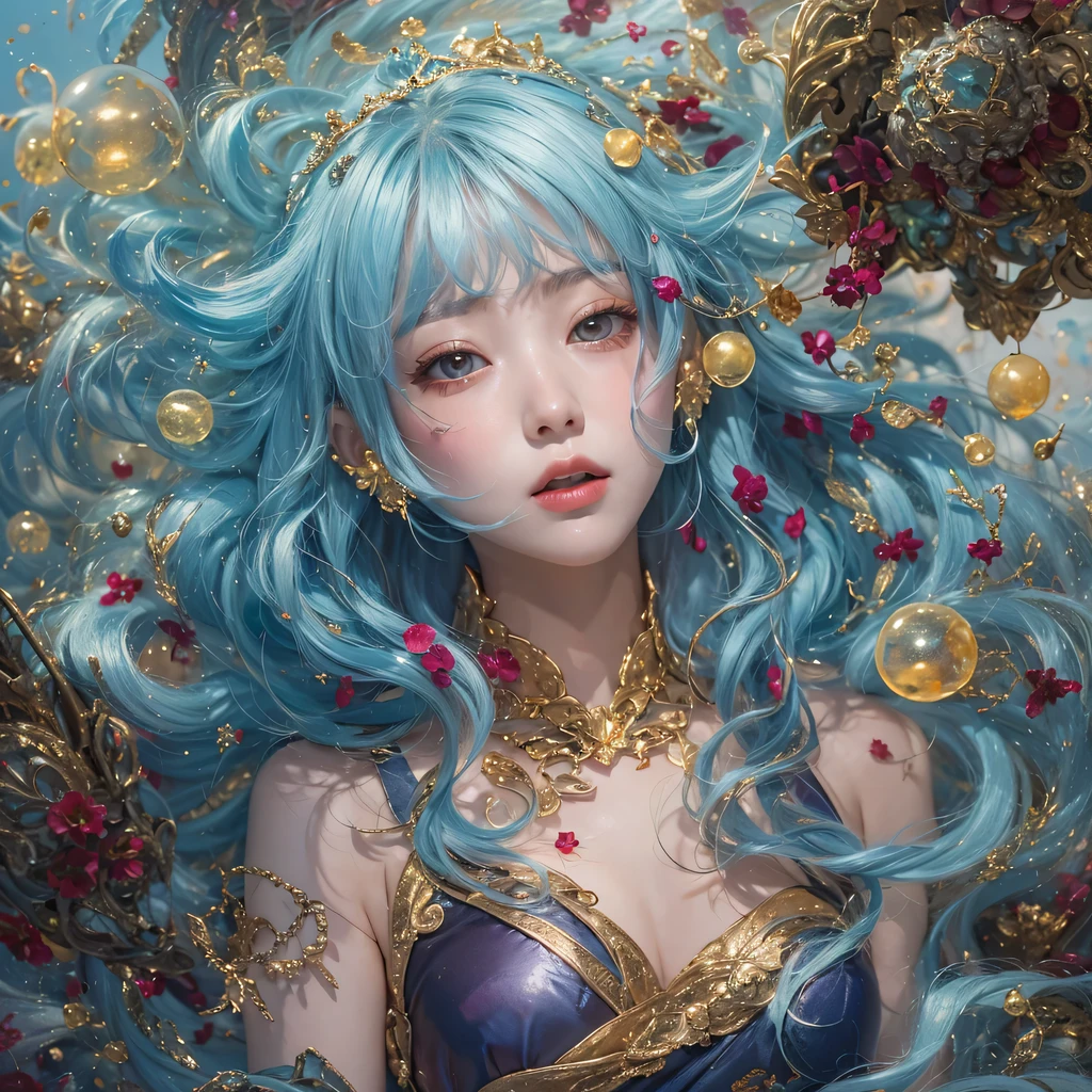 黄 blue colors,enamel,agate,A flesh-colored world,Blood Blue Maiden 32k(masterpiece,HD,Aoyama Pond,Ultra high quality,32k)long flowing bright blue hair,blood pool,Ziddink, a color,Grumpy (After greeting), (Linen scarf), fighting stance, looking at the ground, long white hair, Floating bright blue, Fire cloud gold headdress, Chinese long-sleeved gold silk burgundy garment, (Abstract metaverse splash:1.2), White background,Peony flower vitality protector(realistically:1.4),bright purple hair,Smoke on the road,The background is very pure, high resolution, detail, RAW photos, Sharp Re, Nikon D850 film photo by Jefferies Lee 4 Kodak Portra 400 camera F1.6 guns, colorful, Ultra-realistic and vivid textures, dramatic lighting, Unreal Engine Art Station Trend, Sinest 800,一个有着long flowing bright blue hair的女孩,huge colorful bubbles