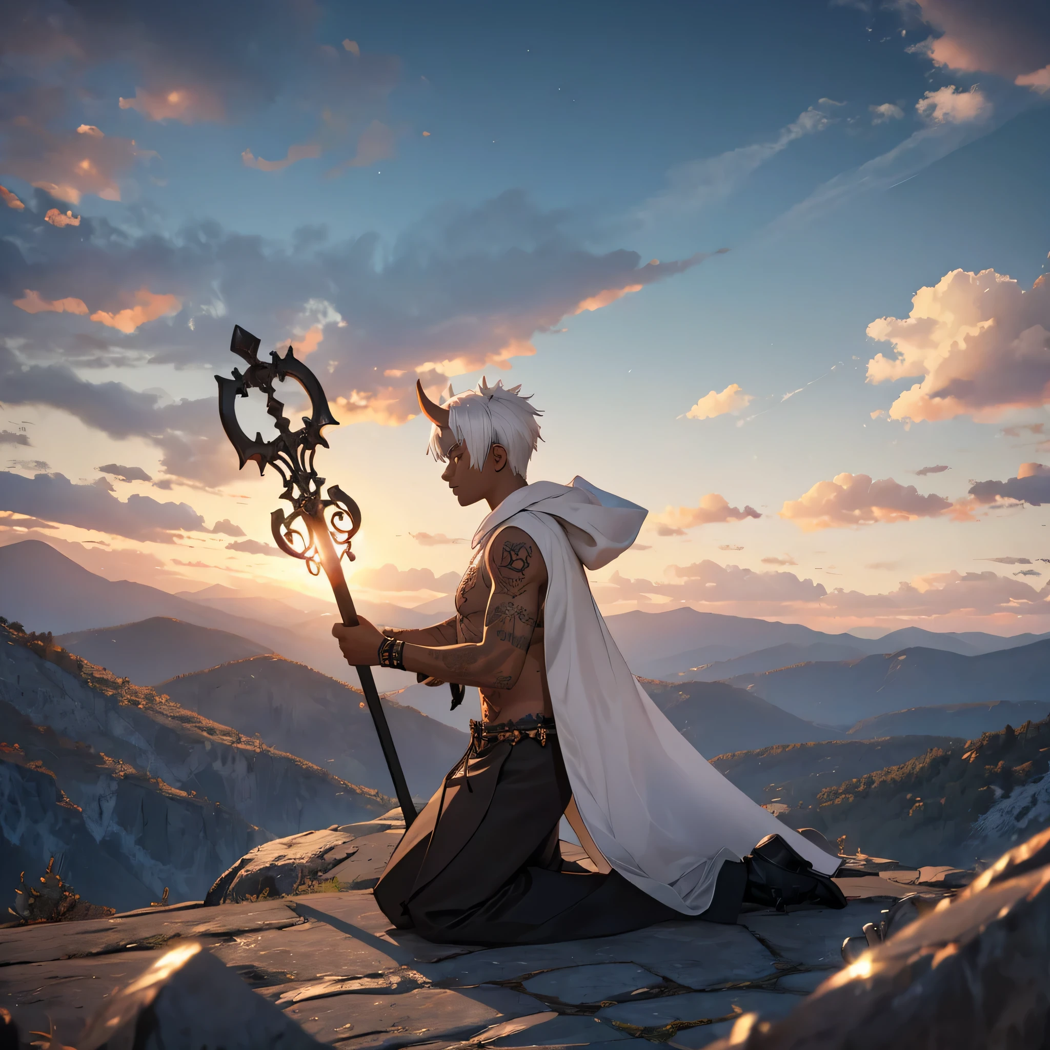 35-year-old male, dark-skinned, tattoos, white hair, horns, paying respects near a grave, kneeling by a large crystal sword, on a mountainside overlooking town, raining