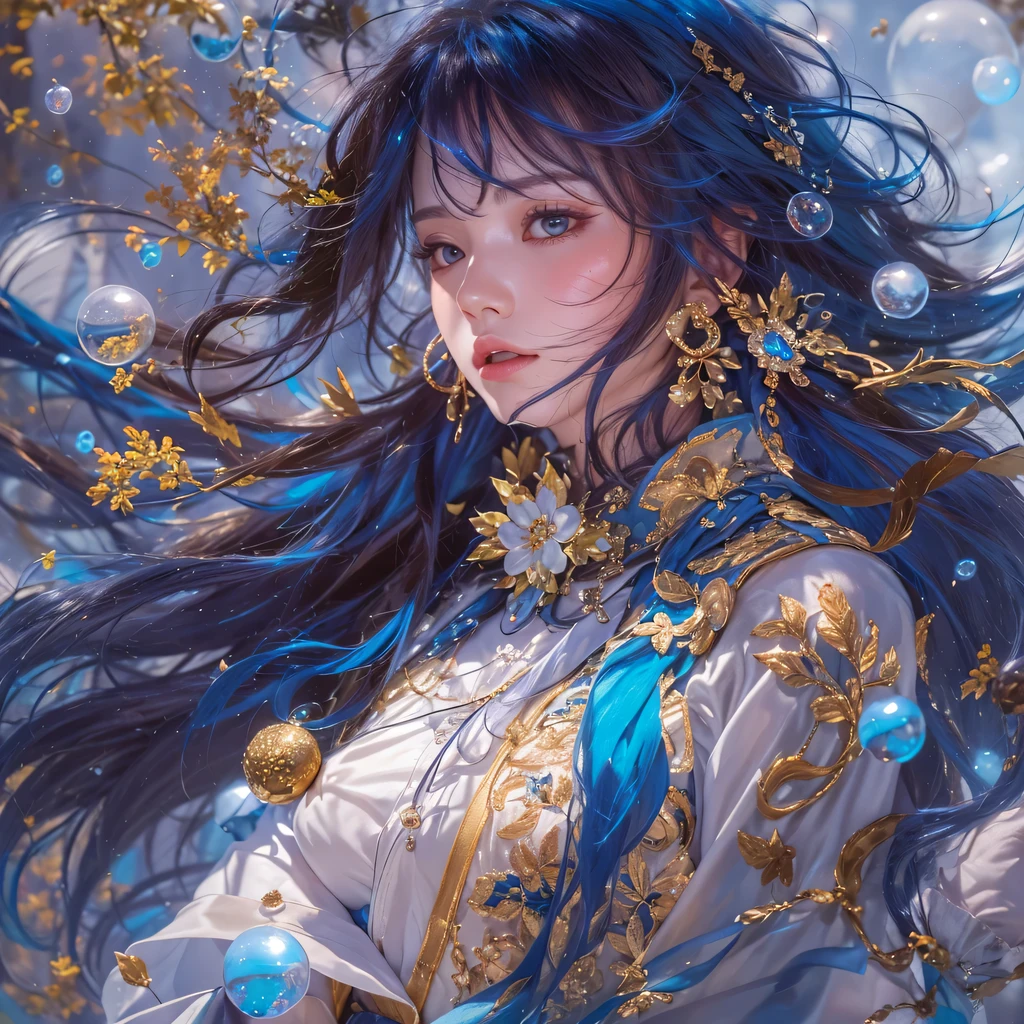 黄 blue colors，enamel，agate，A flesh-colored world，Blood Blue Maiden 32k（masterpiece，HD，Aoyama Pond，Ultra high quality，32k）long flowing bright blue hair，blood pool，Ziddink， a color，Grumpy （After greeting）， （Linen scarf）， fighting stance， looking at the ground， long white hair， Floating bright blue， Fire cloud gold headdress， Chinese long-sleeved gold silk burgundy garment， （Abstract metaverse splash：1.2）， White background，Peony flower vitality protector（realistically：1.4），bright purple hair，Smoke on the road，The background is very pure， high resolution， detail， RAW photos， Sharp Re， Nikon D850 film photo by Jefferies Lee 4 Kodak Portra 400 camera F1.6 guns, colorful, Ultra-realistic and vivid textures, dramatic lighting, Unreal Engine Art Station Trend, Sinest 800，一个有着long flowing bright blue hair的女孩，huge colorful bubbles