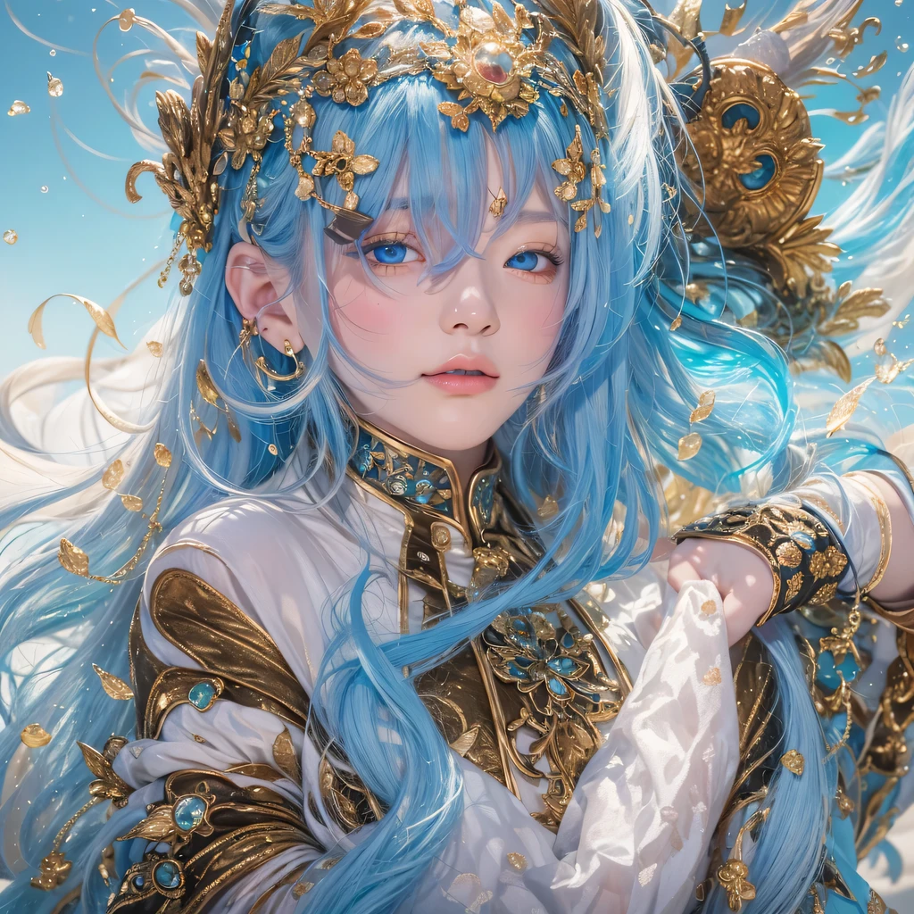 黄 blue colors，enamel，agate，A flesh-colored world，Blood Blue Maiden 32k（masterpiece，HD，Aoyama Pond，Ultra high quality，32k）long flowing bright blue hair，blood pool，Ziddink， a color，Grumpy （After greeting）， （Linen scarf）， fighting stance， looking at the ground， long white hair， Floating bright blue， Fire cloud gold headdress， Chinese long-sleeved gold silk burgundy garment， （Abstract metaverse splash：1.2）， White background，Peony flower vitality protector（realistically：1.4），bright purple hair，Smoke on the road，The background is very pure， high resolution， detail， RAW photos， Sharp Re， Nikon D850 film photo by Jefferies Lee 4 Kodak Portra 400 camera F1.6 guns, colorful, Ultra-realistic and vivid textures, dramatic lighting, Unreal Engine Art Station Trend, Sinest 800，一个有着long flowing bright blue hair的女孩，huge colorful bubbles
