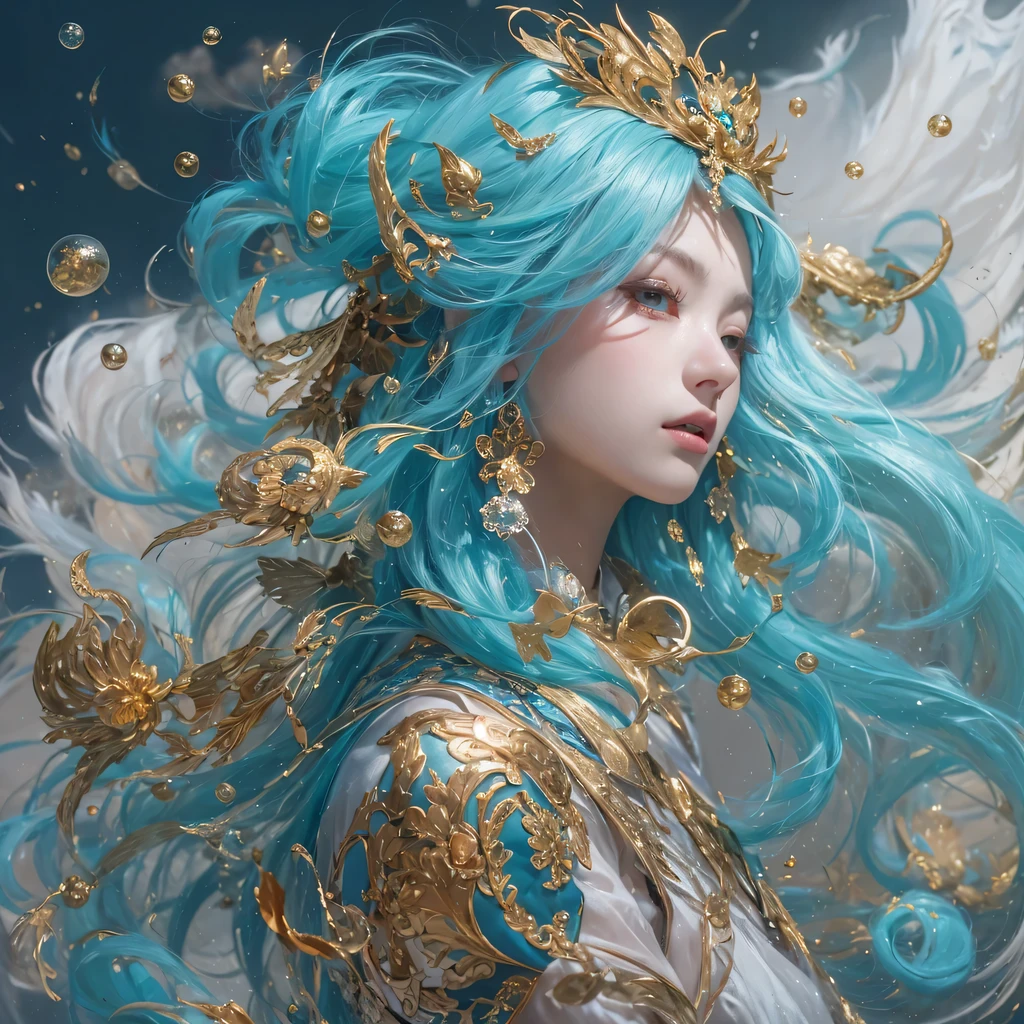 黄 blue colors,enamel,agate,A flesh-colored world,Blood Blue Girl 32K(masterpiece,HD,Aoyama Pond,super high quality,32k)long flowing bright blue hair,blood pool,we disagree, a color,Grumpy (After saying hello), (Linen scarf), Combat stance, looking at the ground, long white hair, Floating bright blue, Fire cloud gold headdress, Chinese long-sleeved gold silk burgundy garment, (Abstract metaverse splash:1.2), White background,Peony flower vitality protector(realistically:1.4),bright purple hair,Smoke on the road,The background is very pure, high resolution, detail, original photo, Sharp Re, Nikon D850 film photo by Jefferies Lee 4 Kodak Portra 400 camera F1.6 guns, rich and colorful, Super real、Vivid texture, dramatic lighting, Unreal Engine Art Station Trend, Silicon Nest 800,一个有着long flowing bright blue hair的女孩,huge rich and colorful bubbles