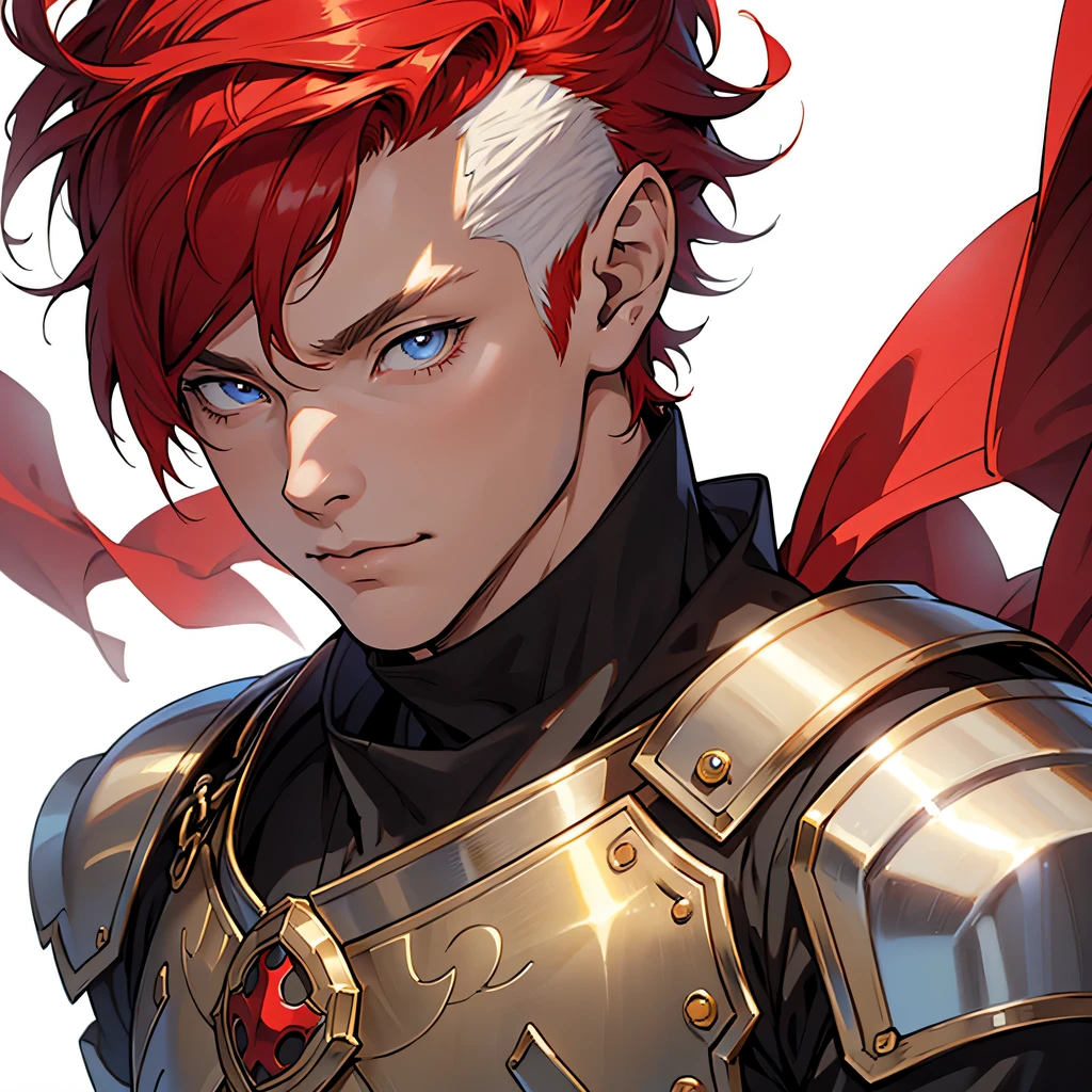 medieval anime art, masterpiece, best quality, by professional artist, male, solo, upper body portrait, detailed composition, detailed eyes, (((white background))), red hair, ((short hair)), wearing black fantasy armor