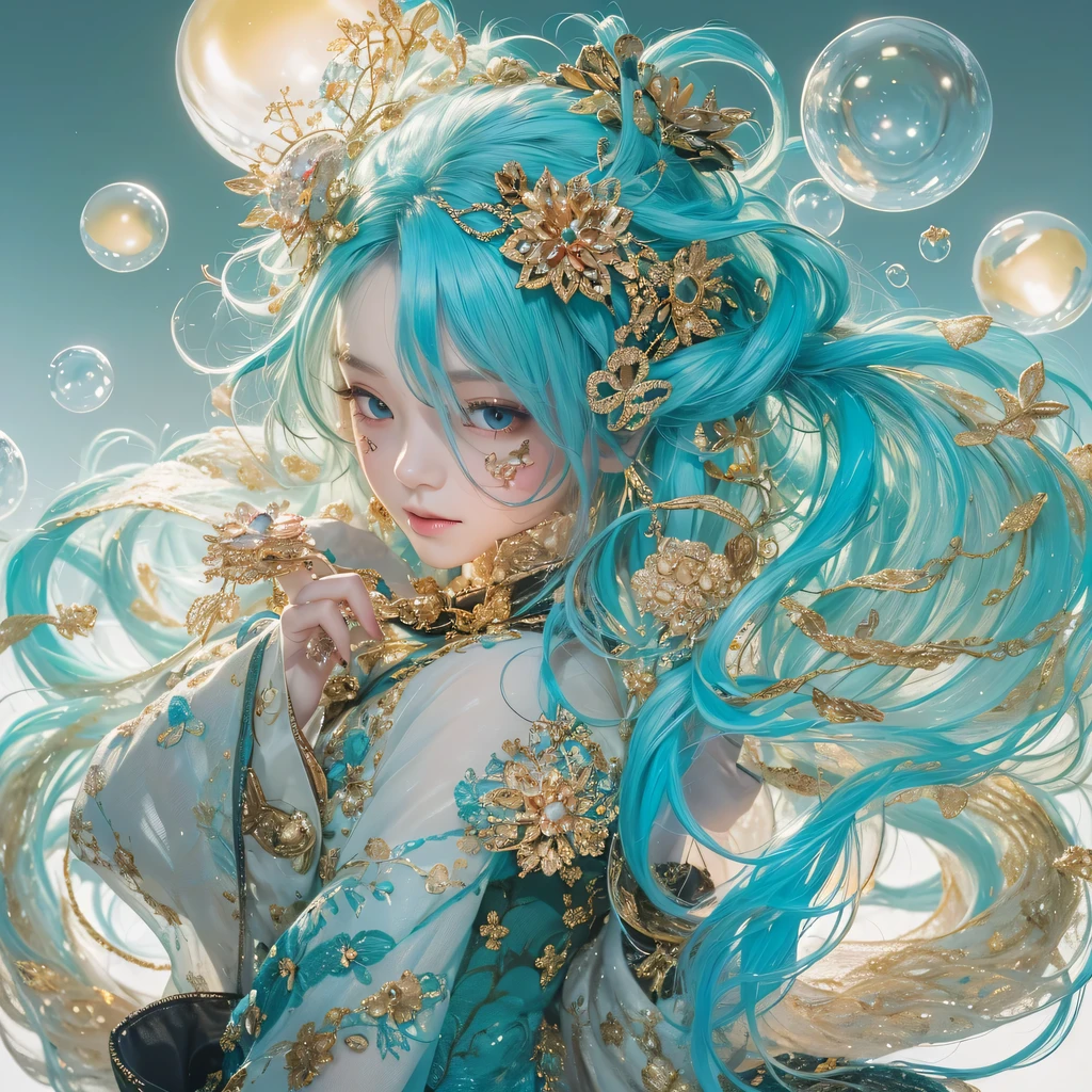黄 blue colors，enamel，agate，A flesh-colored world，Blood Blue Girl 32K（masterpiece，HD，Aoyama Pond，super high quality，32k）long flowing bright blue hair，blood pool，we disagree， a color，Grumpy （After saying hello）， （Linen scarf）， Combat stance， looking at the ground， long white hair， Floating bright blue， Fire cloud gold headdress， Chinese long-sleeved gold silk burgundy garment， （Abstract metaverse splash：1.2）， White background，Peony flower vitality protector（realistically：1.4），bright purple hair，Smoke on the road，The background is very pure， high resolution， detail， original photo， Sharp Re， Nikon D850 film photo by Jefferies Lee 4 Kodak Portra 400 camera F1.6 guns, rich and colorful, Super real、Vivid texture, dramatic lighting, Unreal Engine Art Station Trend, Silicon Nest 800，一个有着long flowing bright blue hair的女孩，huge rich and colorful bubbles
