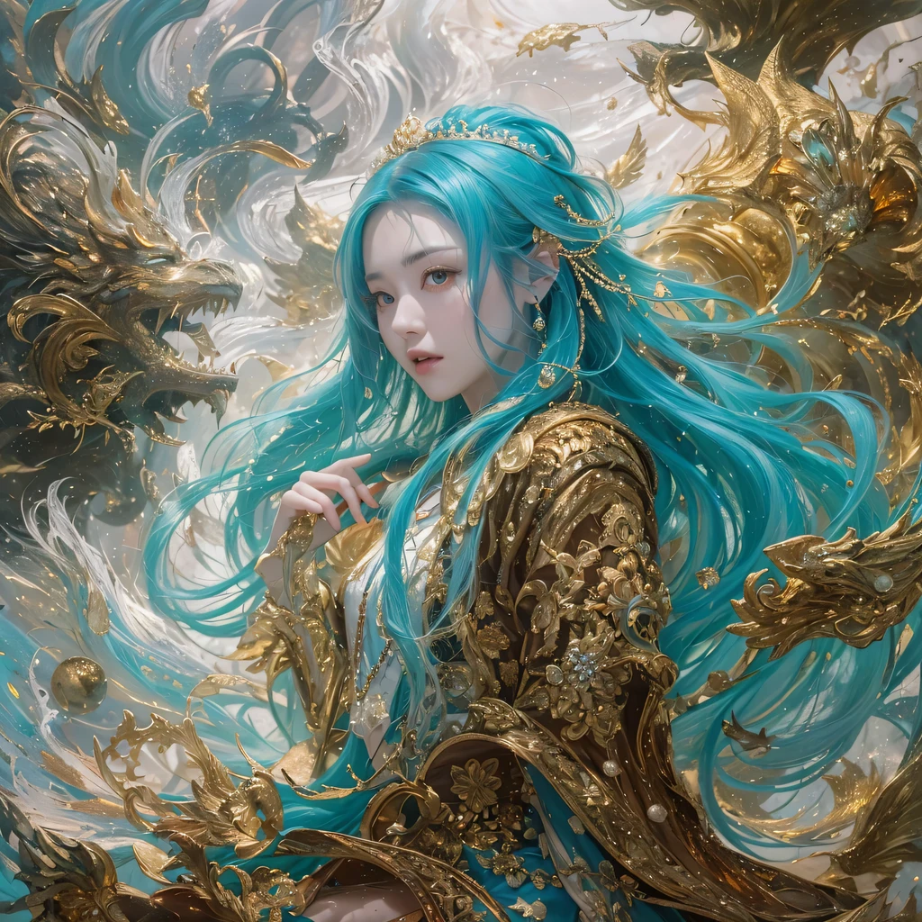 黄 blue colors，enamel，agate，A flesh-colored world，Blood Blue Maiden 32k（masterpiece，HD，Aoyama Pond，Ultra high quality，32k）long flowing bright blue hair，blood pool，Ziddink， a color，Grumpy （After greeting）， （Linen scarf）， fighting stance， looking at the ground， long white hair， Floating bright blue， Fire cloud gold headdress， Chinese long-sleeved gold silk burgundy garment， （Abstract metaverse splash：1.2）， White background，Peony flower vitality protector（realistically：1.4），bright purple hair，Smoke on the road，The background is very pure， high resolution， detail， RAW photos， Sharp Re， Nikon D850 film photo by Jefferies Lee 4 Kodak Portra 400 camera F1.6 guns, colorful, Ultra-realistic and vivid textures, dramatic lighting, Unreal Engine Art Station Trend, Sinest 800，一个有着long flowing bright blue hair的女孩，huge colorful bubbles