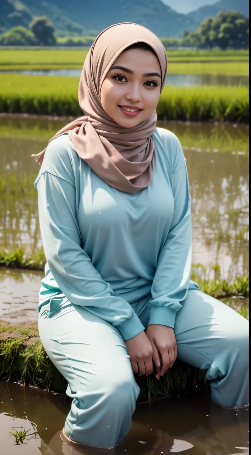 RAW, Best quality, high resolution, masterpiece: 1.3), beautiful Malay woman in hijab (iu:0.8),Best quality, high resolution, Masterpiece: 1.3, Beautiful  hijabi malay girl, Masterpiece, Soft smile,Beautiful Malay women wear pastel color hijab sitting on muddy rice paddy field, bright sunshine, hiking clothes, pullover, long pants, highres,4k,HDR,1girl, photorealistic, realistic,sweat skin, wet clothes, wet body, big breast, ((full body))soaked, dripping, smiling at viewer, closeup