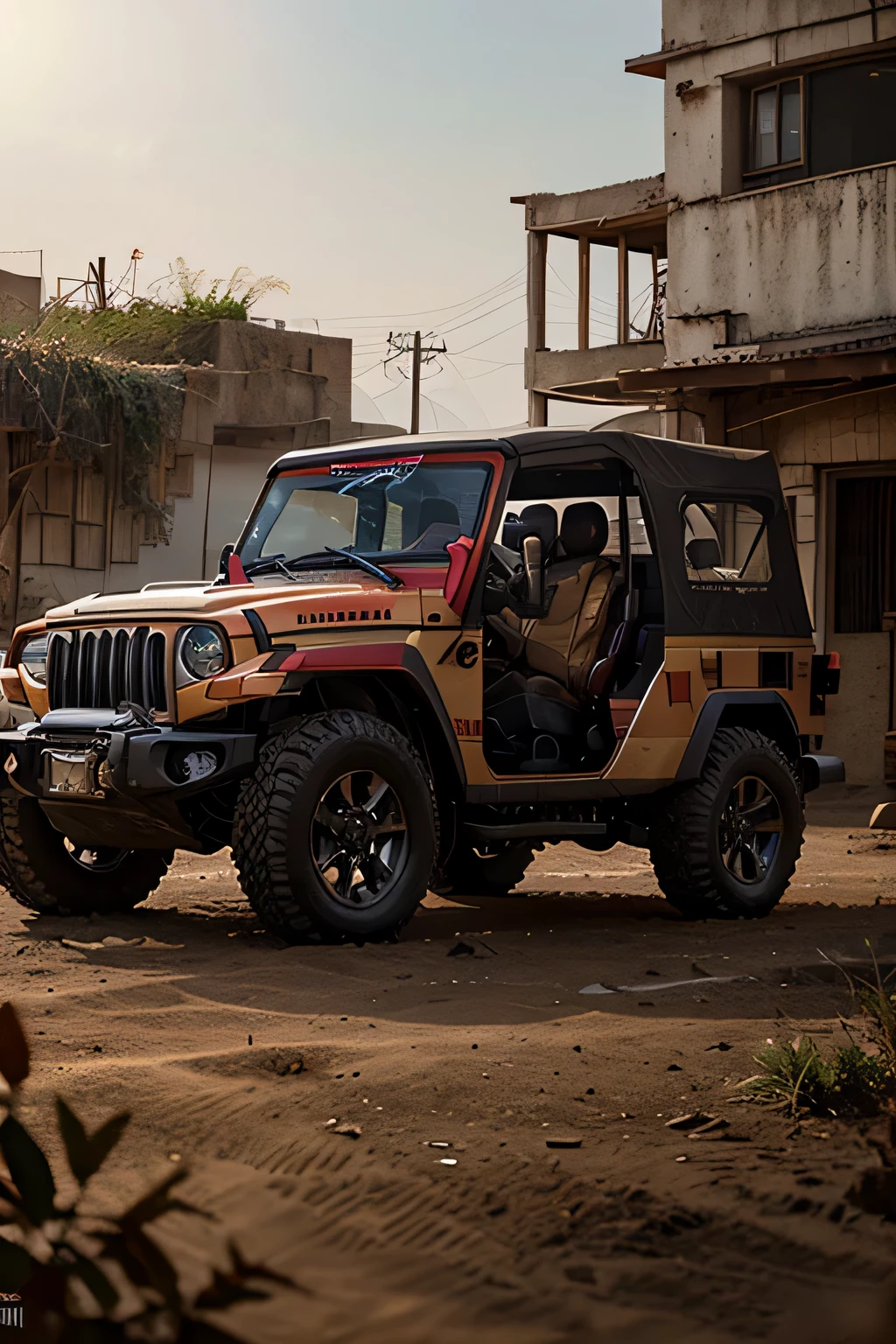 Mahindra Thar, made of iron man suit, hyper realistic, futuristic, extremely detailed, village, cinematic tone, haze, inspired by iron man, photo realistic 