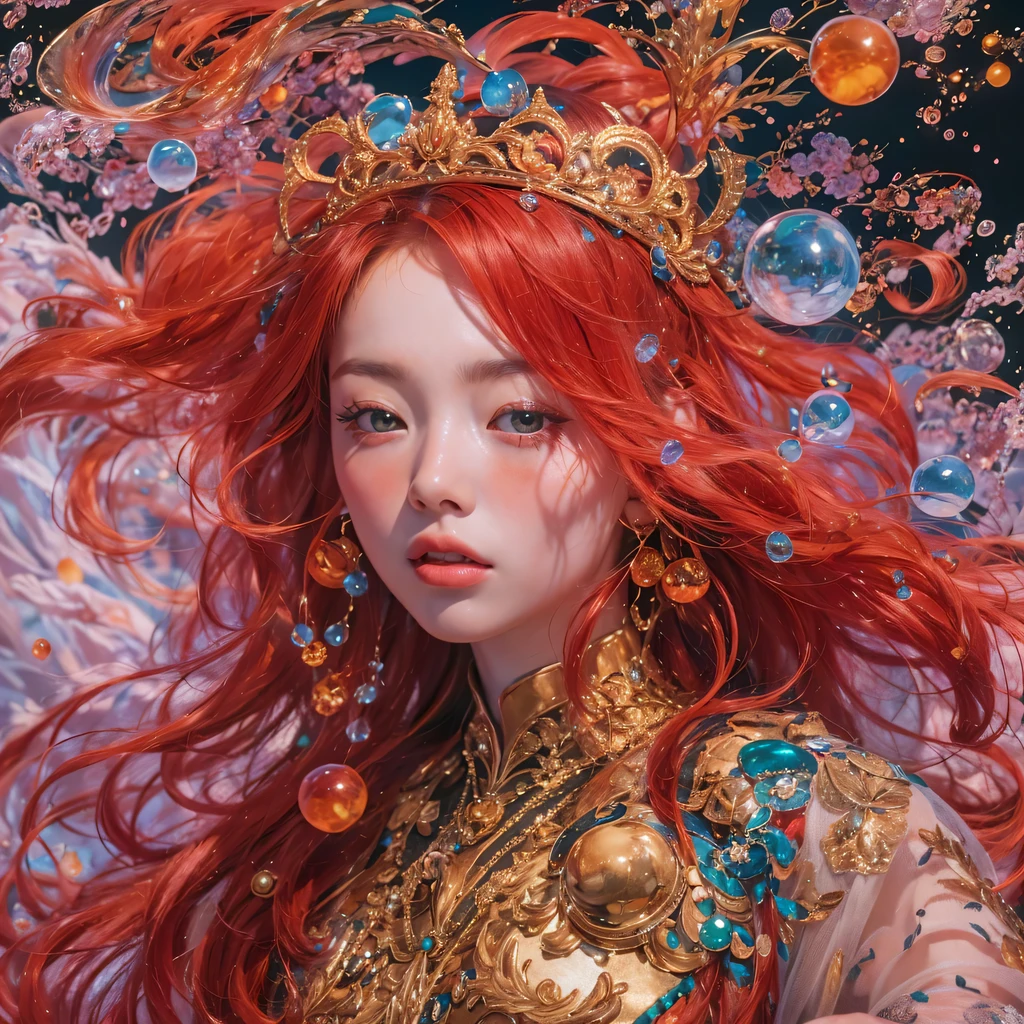 Poached egg series,red,enamel,agate,A flesh-colored world,Blood Blue Maiden 32k(masterpiece,HD,Aoyama Pond,Ultra high quality,32k)飘逸的亮red长发,blood pool,Ziddink, a color,Grumpy (After greeting), (Linen scarf), fighting stance, looking at the ground, Long red hair, Floating bright blue, Fire cloud gold headdress, 中国长袖金丝酒red服装, (Abstract metaverse splash:1.2), White background,Peony flower vitality protector(realistically:1.4),bright purple hair,Smoke on the road,The background is very pure, high resolution, detail, RAW photos, Sharp Re, Nikon D850 film photo by Jefferies Lee 4 Kodak Portra 400 camera F1.6 guns, colorful, Ultra-realistic and vivid textures, dramatic lighting, Unreal Engine Art Station Trend, Sinest 800,一个有着长长的飘逸亮red头发的女孩,huge colorful bubbles
