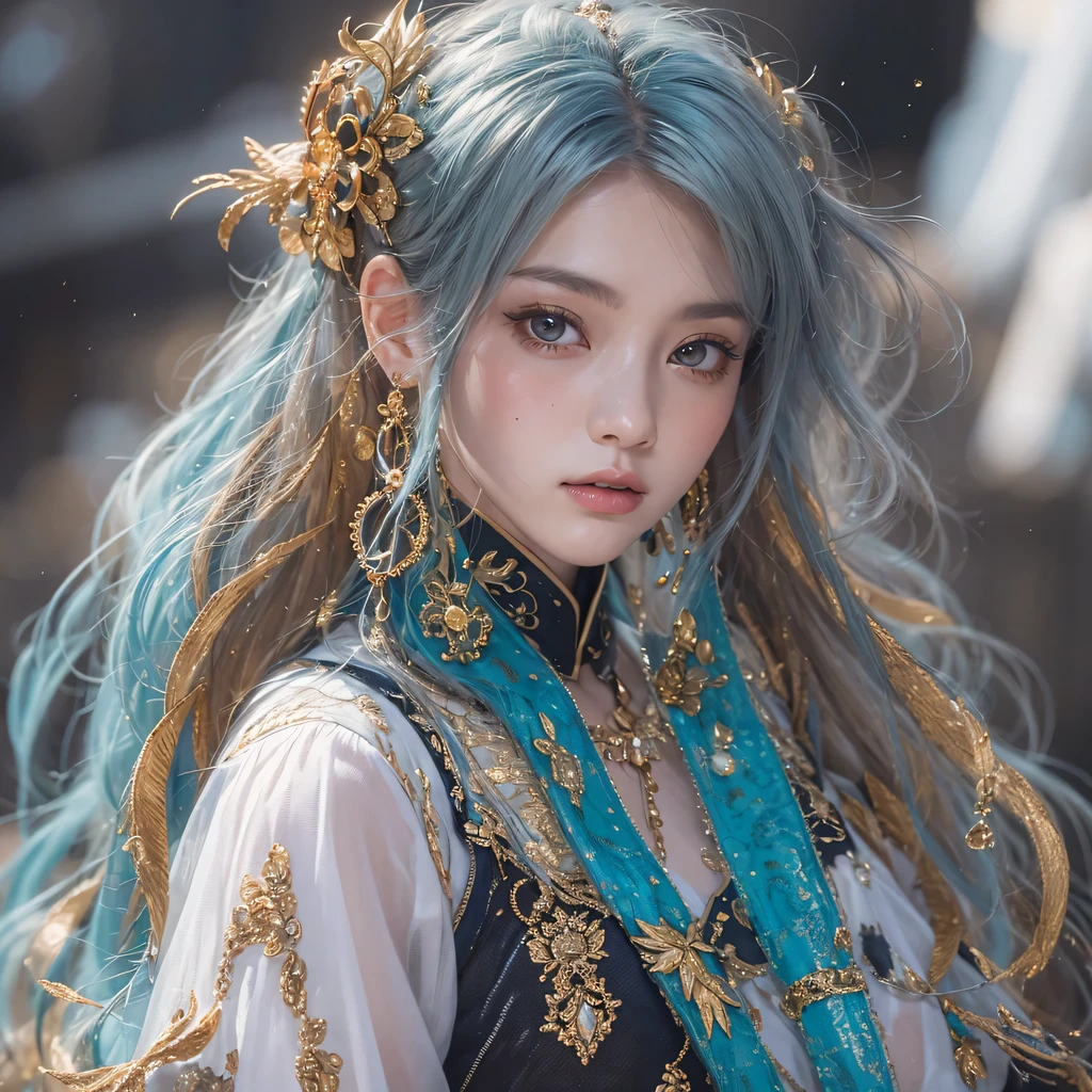 黄 blue colors，enamel，agate，A flesh-colored world，Blood Blue Maiden 32k（masterpiece，HD，Aoyama Pond，Ultra high quality，32k）long flowing bright blue hair，blood pool，Ziddink， a color，Grumpy （After greeting）， （Linen scarf）， fighting stance， looking at the ground， long white hair， Floating bright blue， Fire cloud gold headdress， Chinese long-sleeved gold silk burgundy garment， （Abstract metaverse splash：1.2）， White background，Peony flower vitality protector（realistically：1.4），bright purple hair，Smoke on the road，The background is very pure， high resolution， detail， RAW photos， Sharp Re， Nikon D850 film photo by Jefferies Lee 4 Kodak Portra 400 camera F1.6 guns, colorful, Ultra-realistic and vivid textures, dramatic lighting, Unreal Engine Art Station Trend, Sinest 800，一个有着long flowing bright blue hair的女孩，huge colorful bubbles