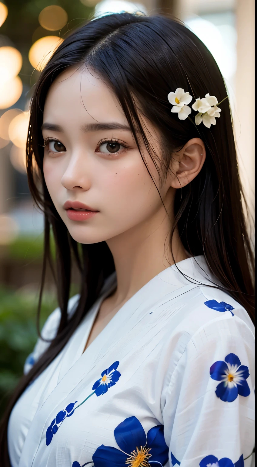 (masterpiece、highest quality:1.4)、beautiful face、8k、85mm、disorganized、(floral pattern yukata:1.2)、face close up、Violet flowers、gardenia、delicate girl、solo、night、see the beholder、Upper body、film grain、chromatic aberration、sharp focus、face light、professional lighting、Sophisticated、(smile:0.4)、(simple background、background bokeh:1.2)、details face