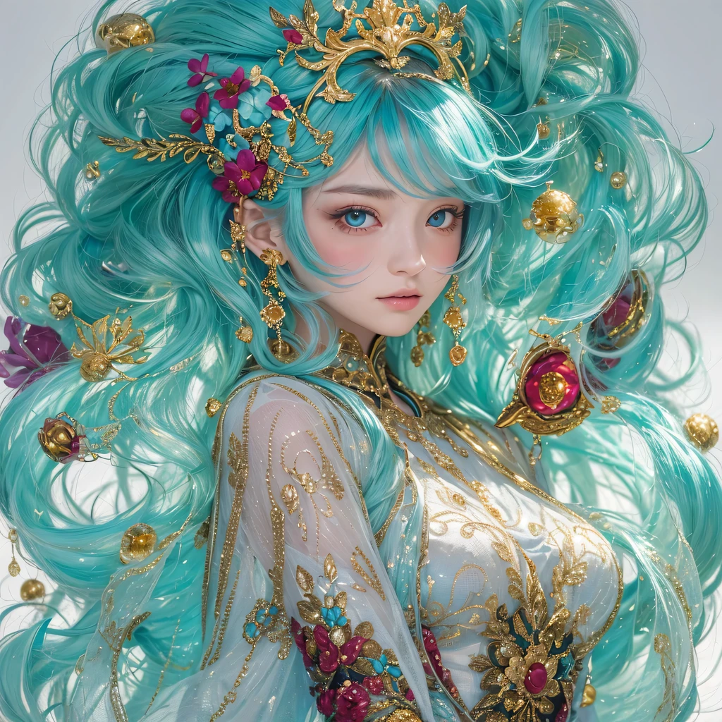 黄 blue colors,enamel,agate,A flesh-colored world,Blood Blue Maiden 32k(masterpiece,HD,Aoyama Pond,Ultra high quality,32k)long flowing bright blue hair,blood pool,Ziddink, a color,Grumpy (After greeting), (Linen scarf), fighting stance, looking at the ground, long white hair, Floating bright blue, Fire cloud gold headdress, Chinese long-sleeved gold silk burgundy garment, (Abstract metaverse splash:1.2), White background,Peony flower vitality protector(realistically:1.4),bright purple hair,Smoke on the road,The background is very pure, high resolution, detail, RAW photos, Sharp Re, Nikon D850 film photo by Jefferies Lee 4 Kodak Portra 400 camera F1.6 guns, colorful, Ultra-realistic and vivid textures, dramatic lighting, Unreal Engine Art Station Trend, Sinest 800,一个有着long flowing bright blue hair的女孩,huge colorful bubbles