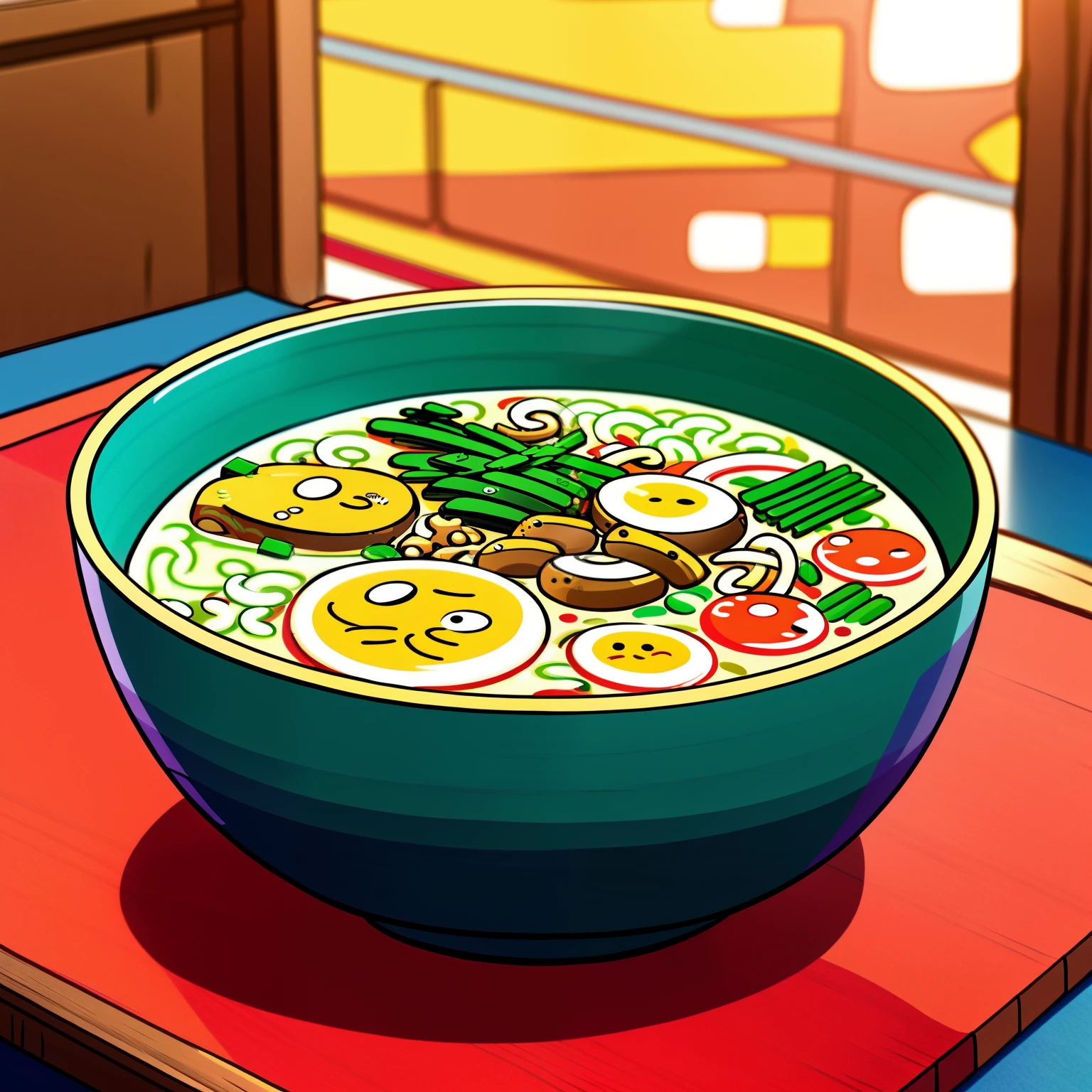 up close shot of a delicious disgusting bowl of ramen on a kitchen table, 2 ramen bowls, detailed illustration, cartoon, in the style of gravityfalls,