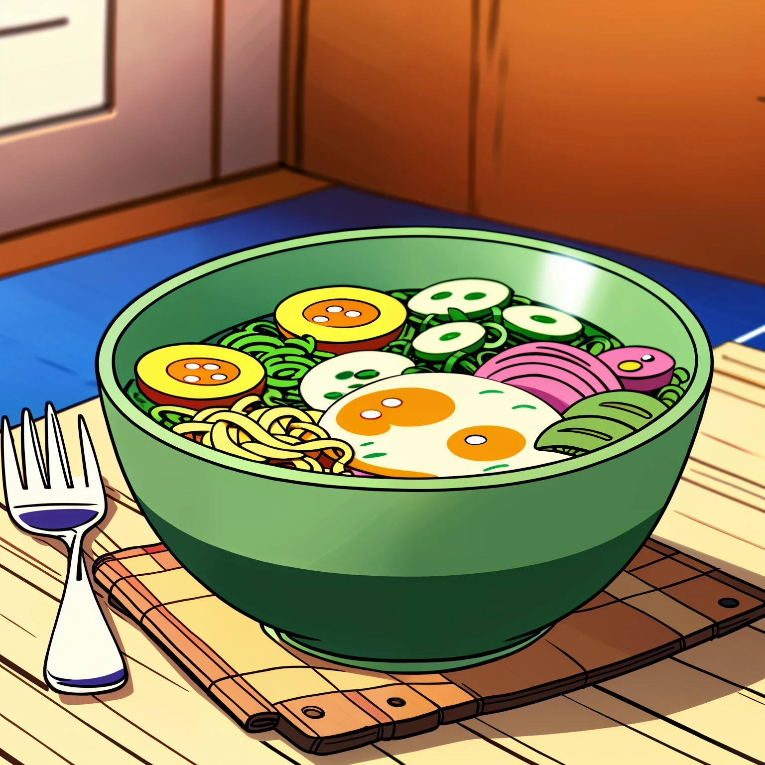 up close shot of a delicious disgusting bowl of ramen on a kitchen table, 2 ramen bowls, detailed illustration, cartoon, in the style of gravityfalls,