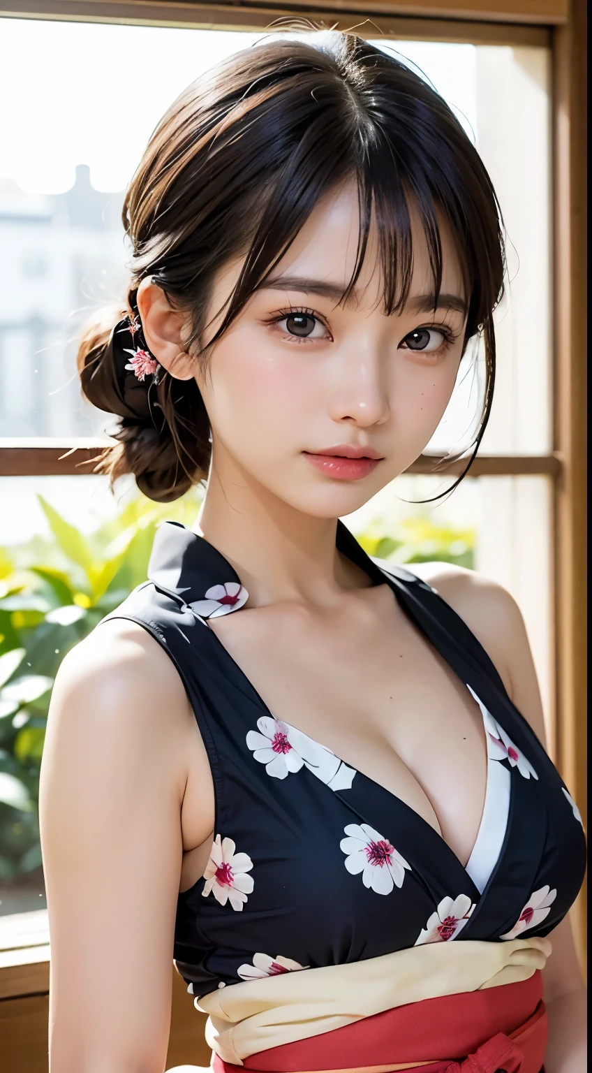 One 18-year-old Japanese woman、Her big breasts emphasize her cleavage.、(masterpiece、highest quality:1.4)、beautiful face、8k、85mm、disorganized、(floral pattern yukata:1.2)、face close up、Violet flowers、gardenia、delicate girl、solo、night、see the beholder、Upper body、film grain、chromatic aberration、sharp focus、face light、professional lighting、Sophisticated、(smile:0.4)、(simple background、background bokeh:1.2)、details face、Upper bodyの写真です