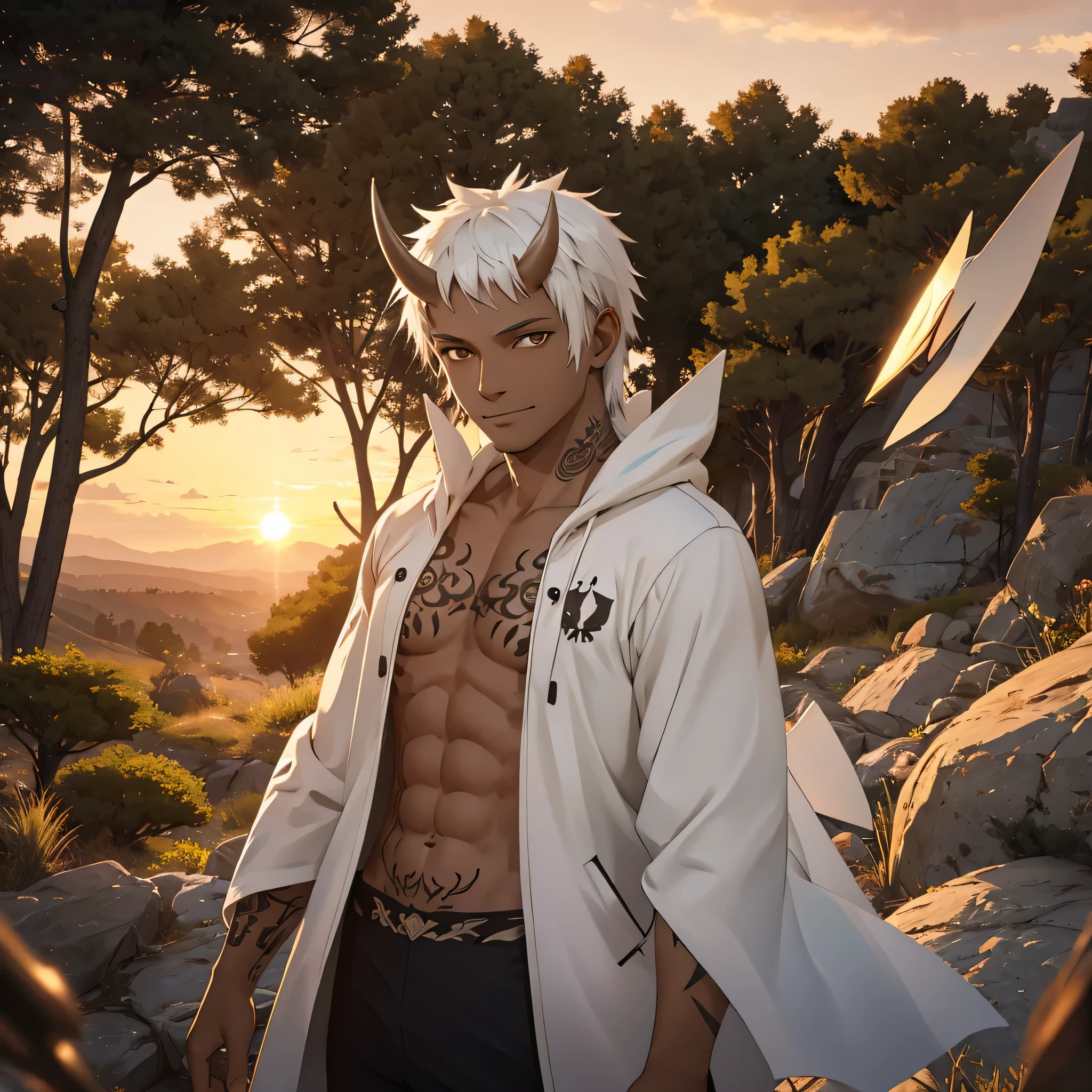 35-year-old male, dark-skinned, tattoos, white hair, horns, leaning against a tree, watching the sunset, smile, faint smile, wind blowing