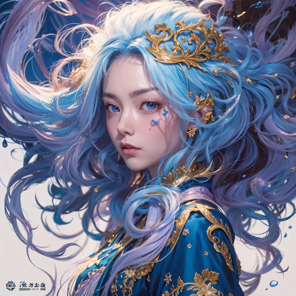 黄 blue colors，enamel，agate，A flesh-colored world，Blood Blue Maiden 32k（masterpiece，HD，Aoyama Pond，Ultra high quality，32k）long flowing bright blue hair，blood pool，Ziddink， a color，Grumpy （After greeting）， （Linen scarf）， fighting stance， looking at the ground， long white hair， Floating bright blue， Fire cloud gold headdress， Chinese long-sleeved gold silk burgundy garment， （Abstract metaverse splash：1.2）， White background，Peony flower vitality protector（realistically：1.4），bright purple hair，Smoke on the road，The background is very pure， high resolution， detail， RAW photos， Sharp Re， Nikon D850 film photo by Jefferies Lee 4 Kodak Portra 400 camera F1.6 guns, colorful, Ultra-realistic and vivid textures, dramatic lighting, Unreal Engine Art Station Trend, Sinest 800，一个有着long flowing bright blue hair的女孩，huge colorful bubbles