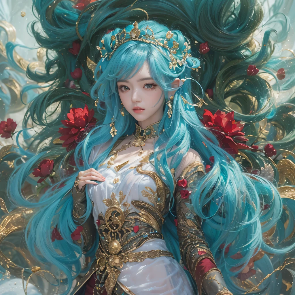 黄 blue colors，enamel，agate，A flesh-colored world，Blood Blue Maiden 32k（masterpiece，HD，Aoyama Pond，Ultra high quality，32k）long flowing bright blue hair，blood pool，Ziddink， a color，Grumpy （After greeting）， （Linen scarf）， fighting stance， looking at the ground， long white hair， Floating bright blue， Fire cloud gold headdress， Chinese long-sleeved gold silk burgundy garment， （Abstract metaverse splash：1.2）， White background，Peony flower vitality protector（realistically：1.4），bright purple hair，Smoke on the road，The background is very pure， high resolution， detail， RAW photos， Sharp Re， Nikon D850 film photo by Jefferies Lee 4 Kodak Portra 400 camera F1.6 guns, colorful, Ultra-realistic and vivid textures, dramatic lighting, Unreal Engine Art Station Trend, Sinest 800，一个有着long flowing bright blue hair的女孩，huge colorful bubbles