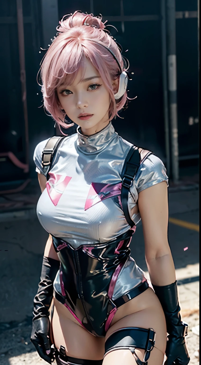 Top Quality, Ultra High Definition, (backlight), (Photorealistic: 1.4), (cowboy shot:1), 1 Beautiful Girl, (Kpop Idol), Detailed Face, (Hair Style: Pink:1, fullbang, shortbob-style:1), Contrapposto, Perfect Anatomy, Smooth Skin, Professional Lighting, ((wearing Futuristic Police Racing Suits, High-tech Headset, military harness, racing gloves)), (Cloths colors based on silver pink black white), (background, crashed cars, fire, (Explosion)),